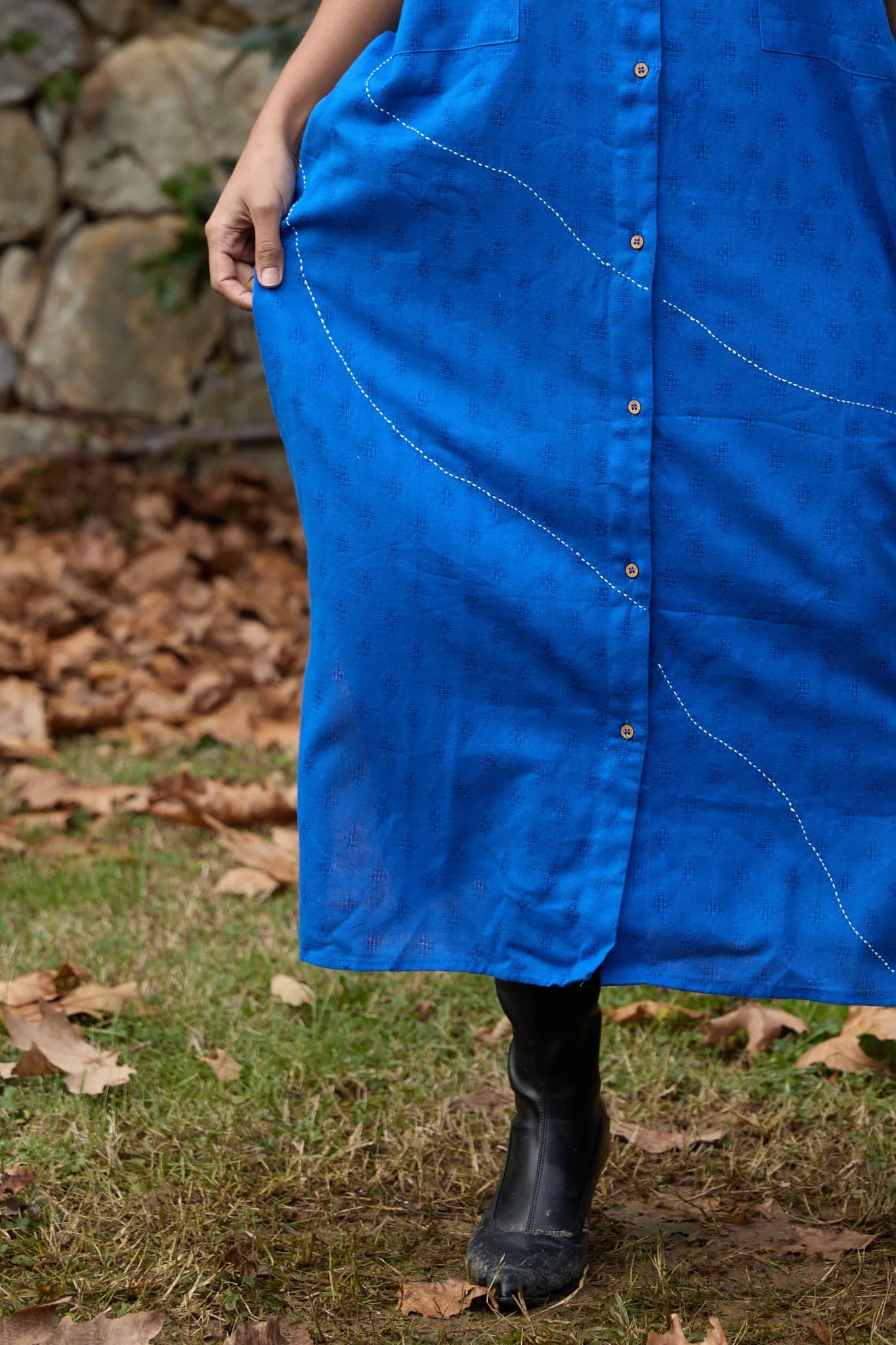 White Canvas Cloud Shine Dress in blue handwoven dobby cotton with Kantha stitching, full-length styled view