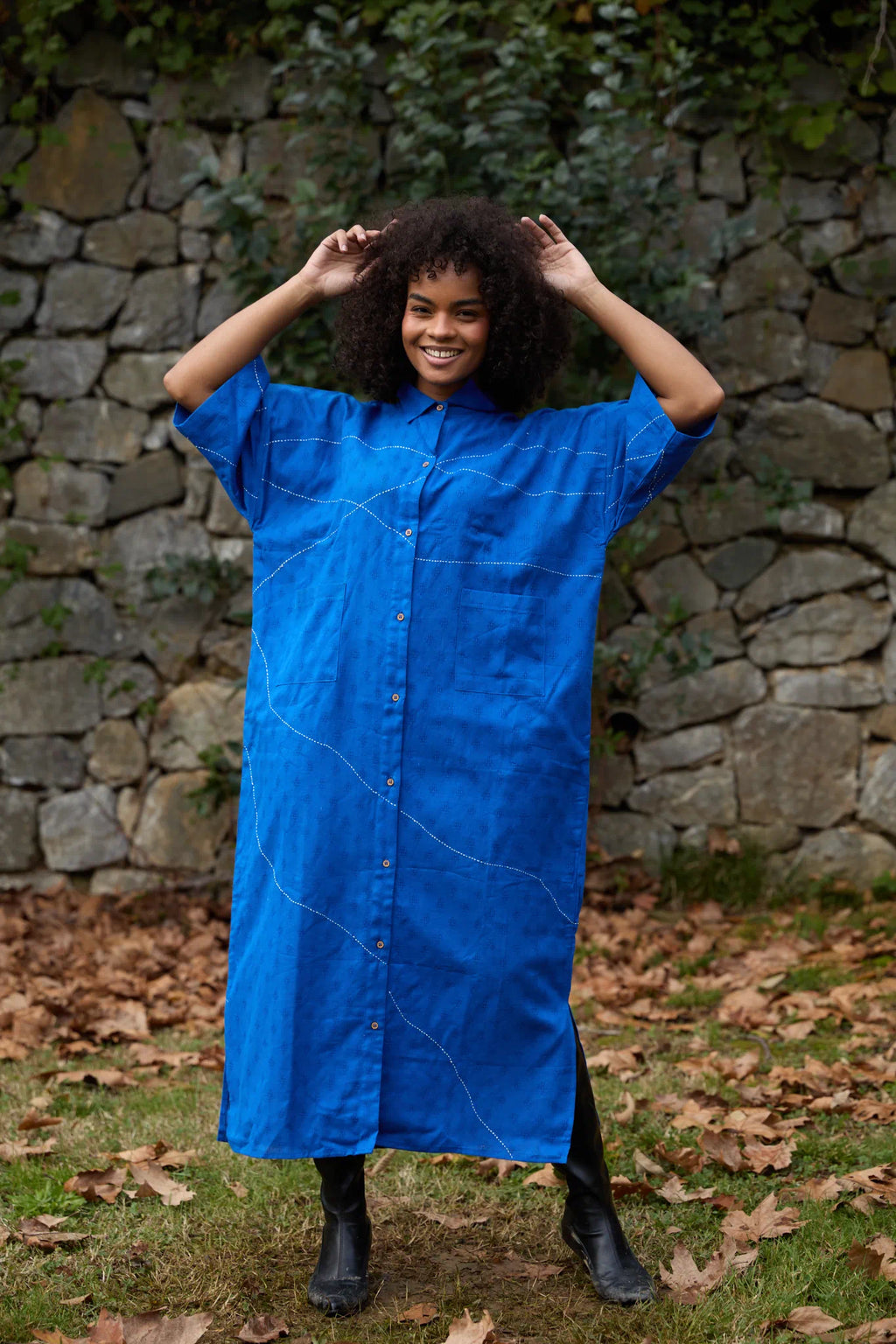 White Canvas Cloud Shine Dress in blue handwoven dobby cotton with Kantha stitching, alternate styled view
