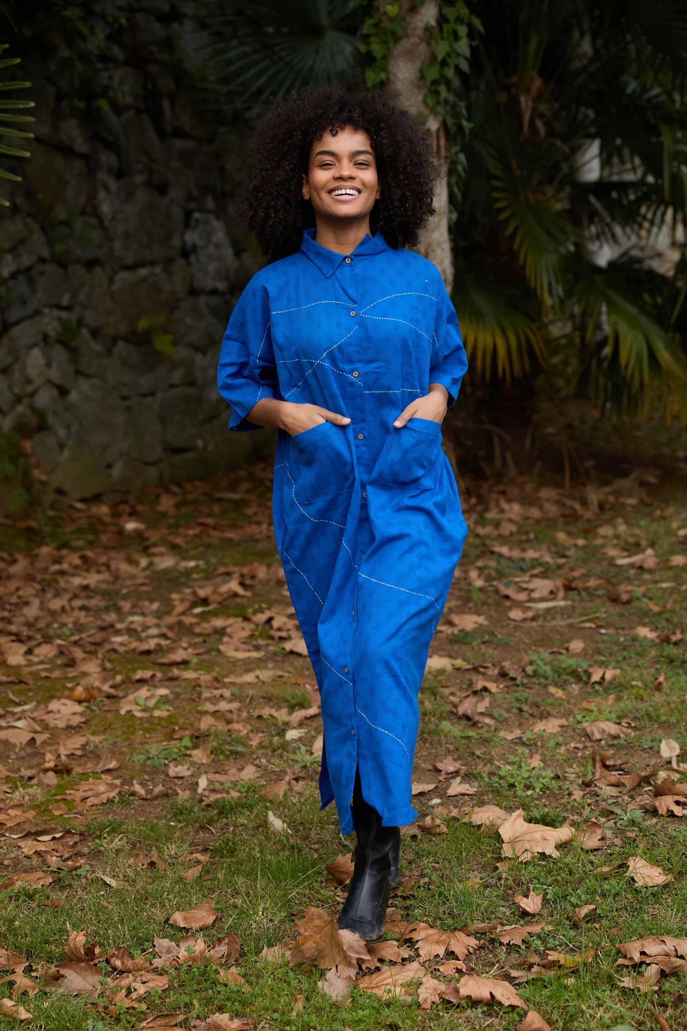 White Canvas Cloud Shine Dress in blue handwoven dobby cotton with Kantha stitching, close-up product view
