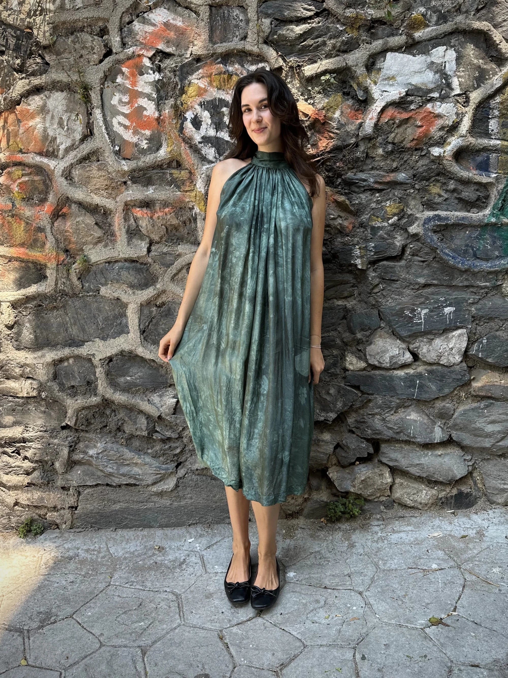 Green Silk Flintstone Dress in vegan Silk by White Canvas - Image 1