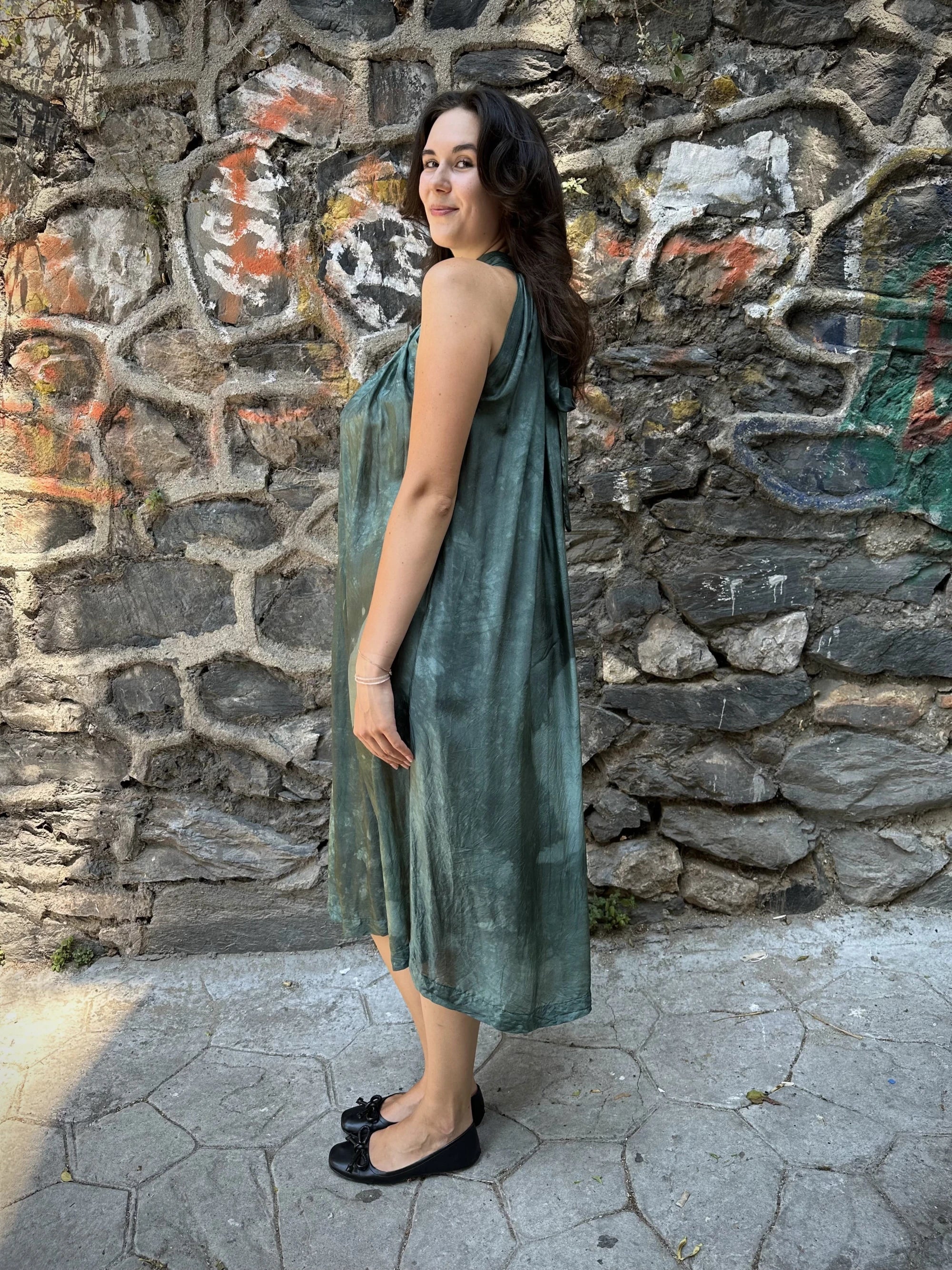 Green Silk Flintstone Dress in vegan Silk by White Canvas - Image 3