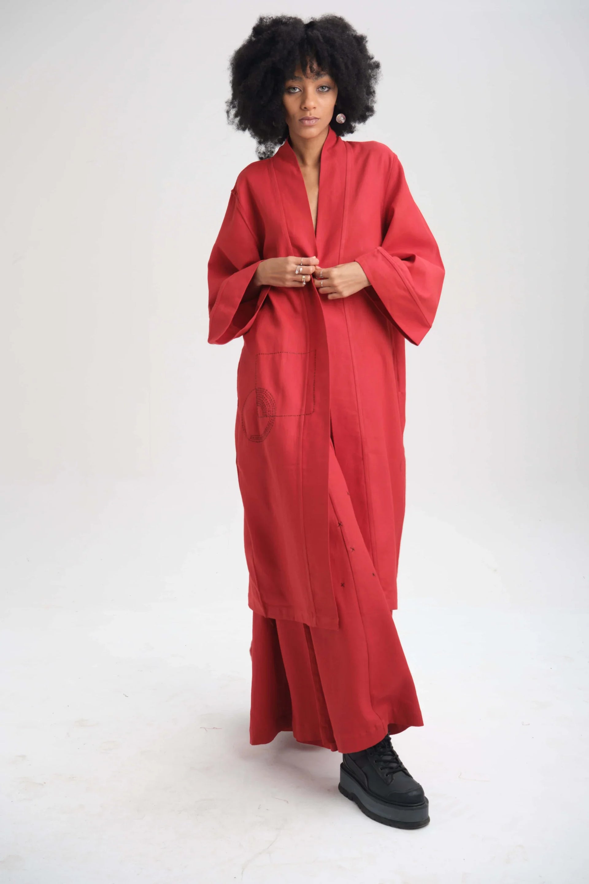 kimono☆ 1日出品　0608 Red Zinnia Kimono | Organic Drill Cotton | White Canvas