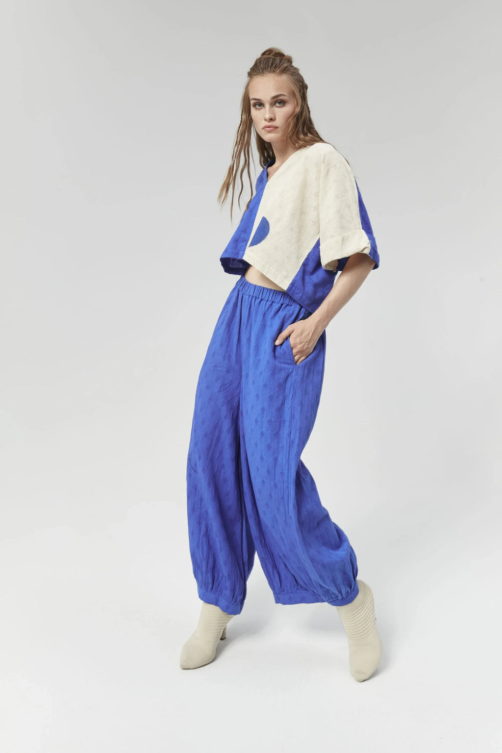 Blue Athens Pants in handwoven Dobby Cotton by White Canvas - Image 3