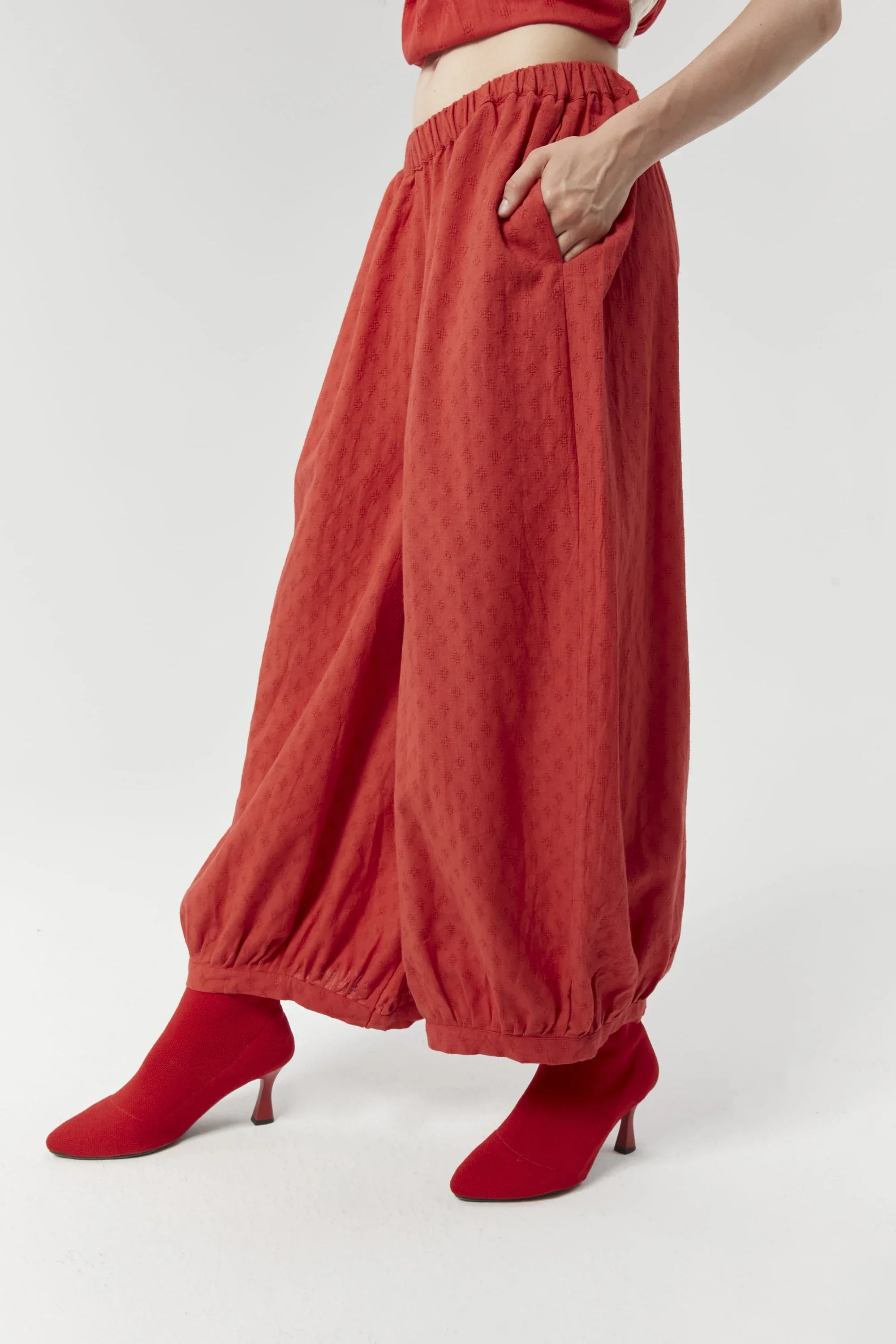 Red Athens Pants in handwoven Dobby Cotton by White Canvas - Image 4