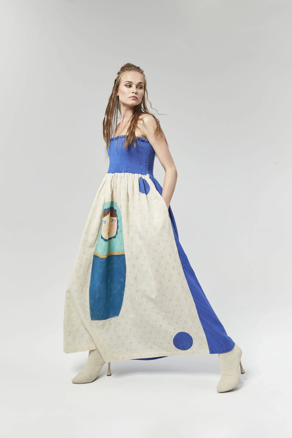 Blue Beijing Dress in handwoven Dobby Cotton by White Canvas - Image 4
