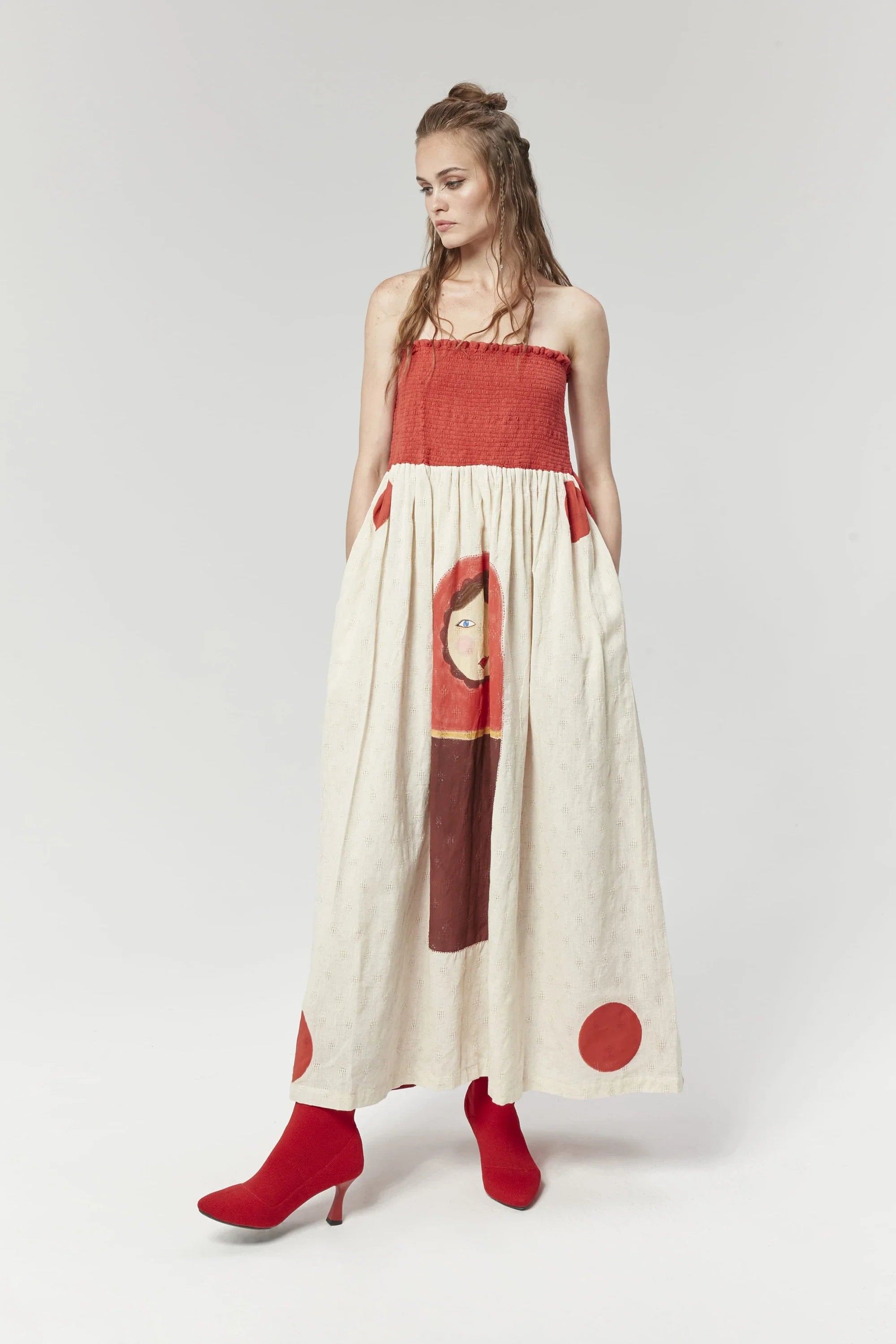 dobby red dress Linen clipped dobby-weave strap dress