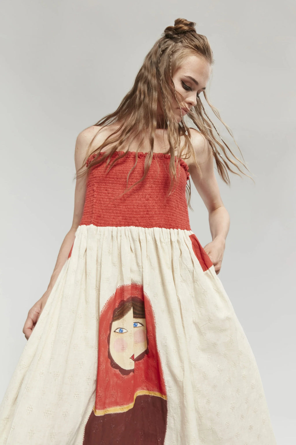 Red Beijing Dress in handwoven Dobby Cotton by White Canvas - Image 2
