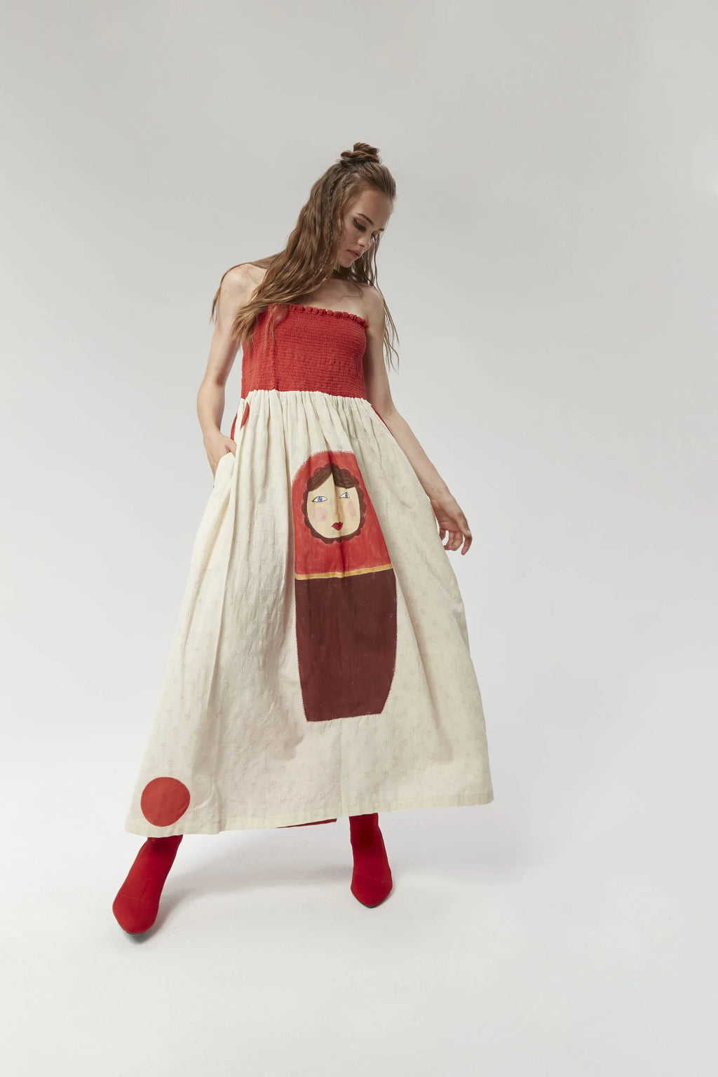 Red Beijing Dress in handwoven Dobby Cotton by White Canvas - Image 3