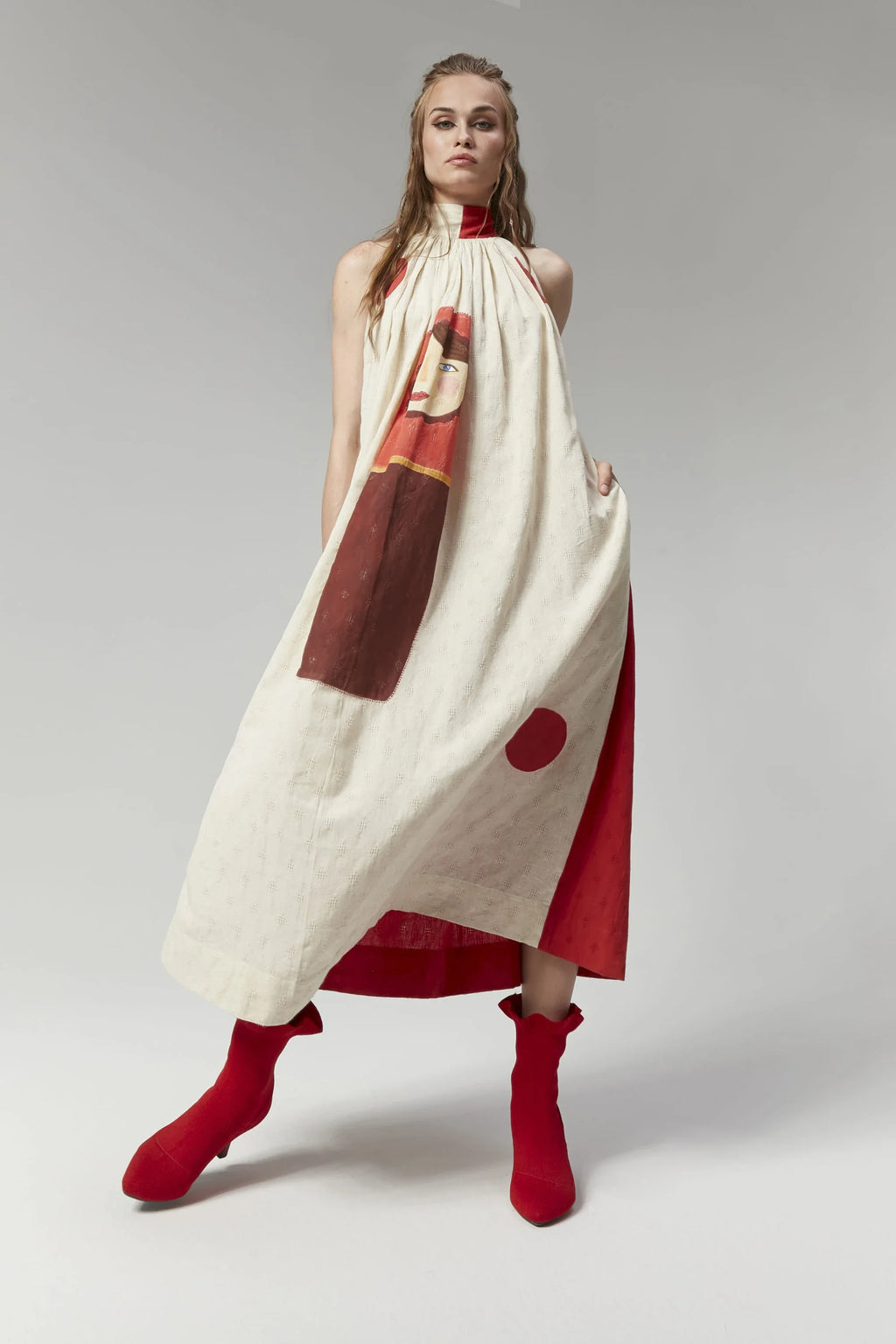 Red Istanbul Dress in handwoven Dobby Cotton by White Canvas - Image 1