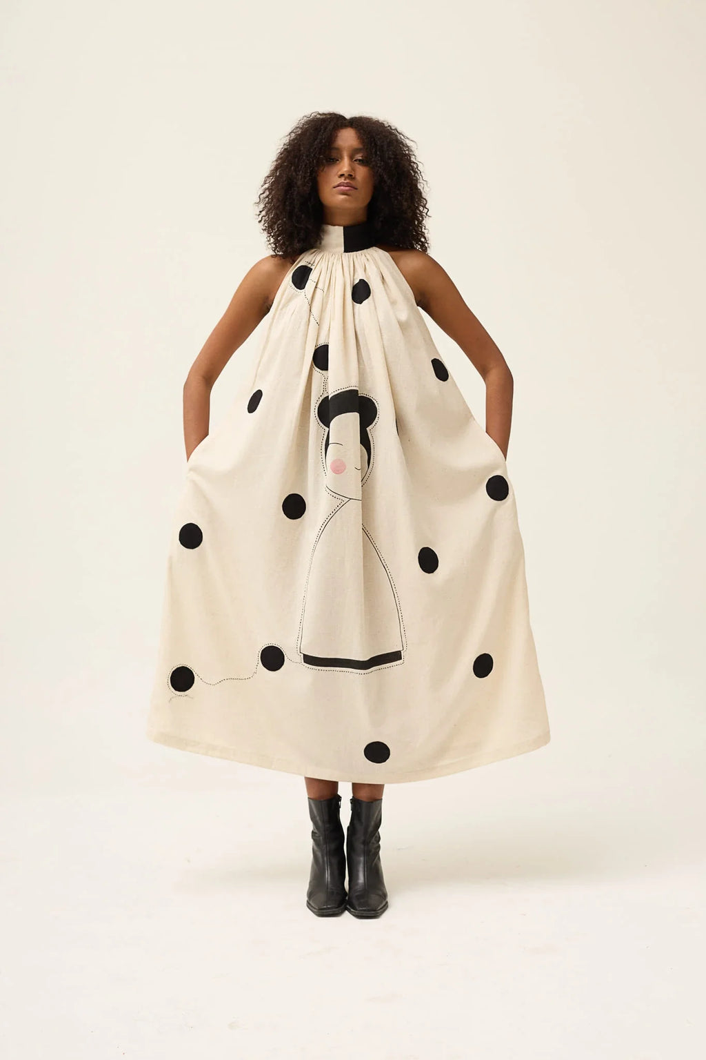 Black Ashes Polka Dress in handwoven Dobby Cotton by White Canvas - Image 1