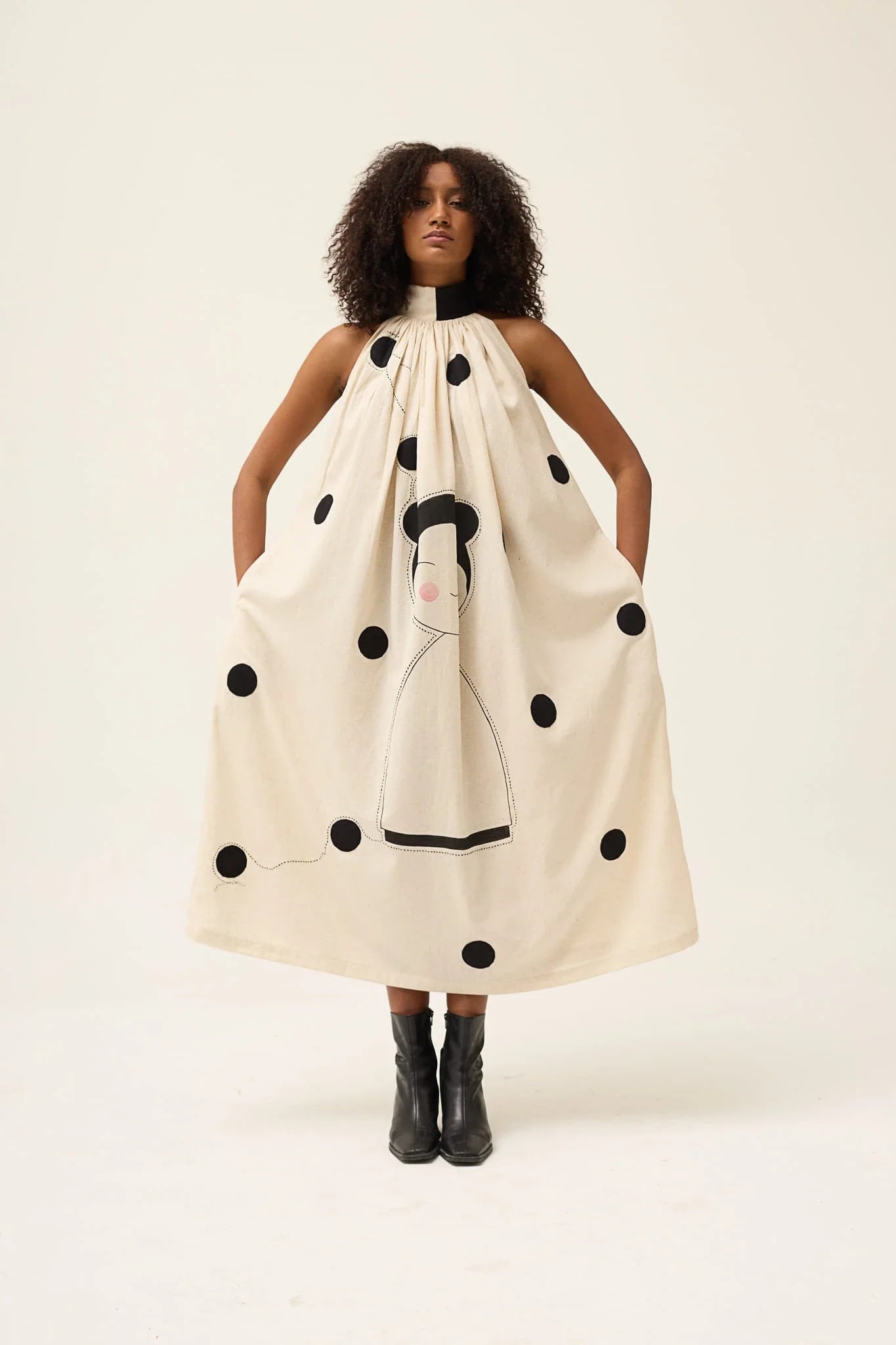 Black Ashes Polka Dress in handwoven Dobby Cotton by White Canvas - Image 1