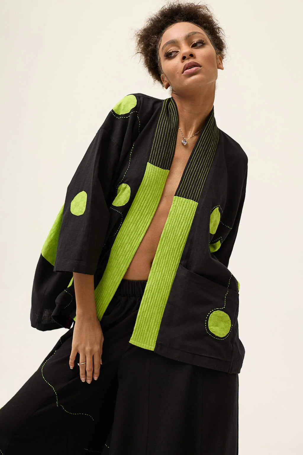 Green Polka Blush Jacket in handwoven Dobby Cotton by White Canvas - Image 5