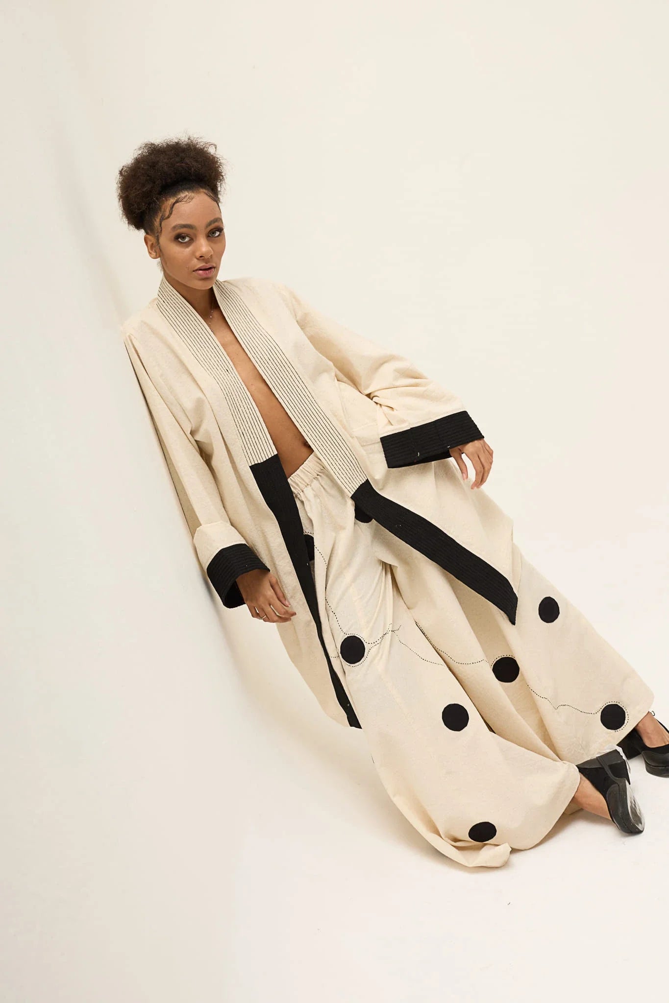 Cream Polka Ringa Pants in handwoven Dobby Cotton by White Canvas - Image 2