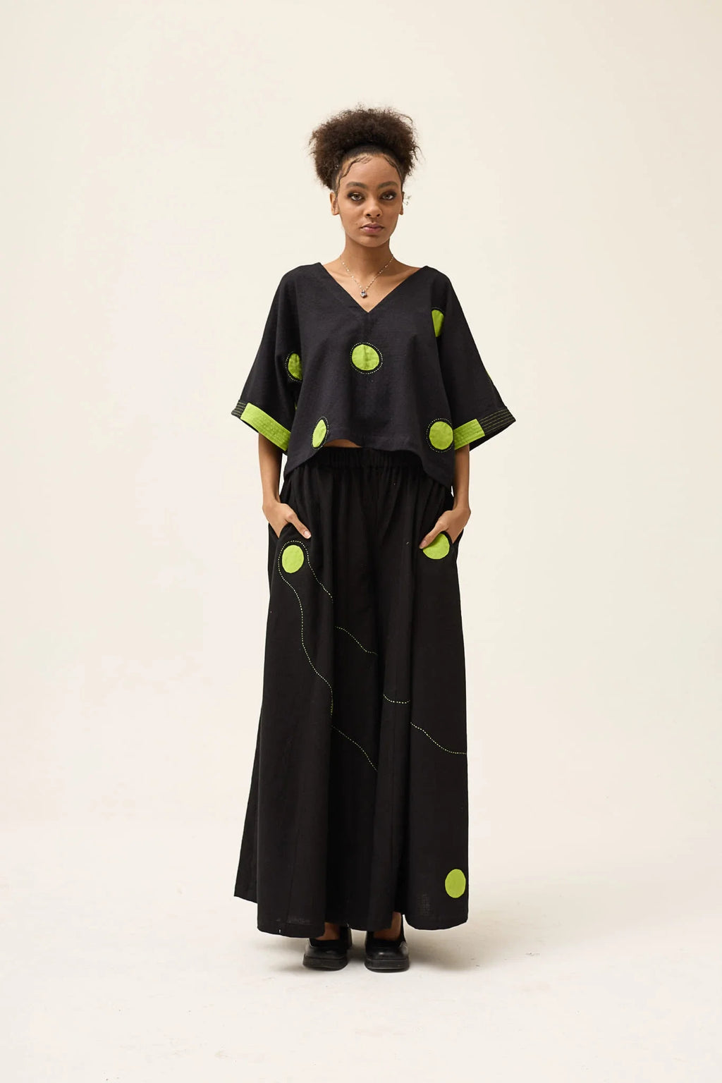 Green Polka Ringa Pants in handwoven Dobby Cotton by White Canvas - Image 3