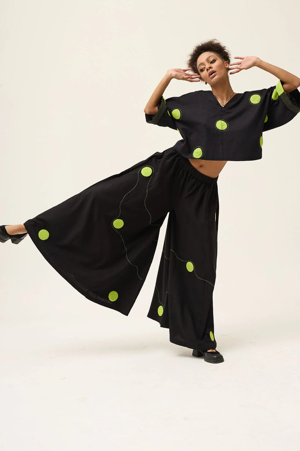 Green Polka Ringa Pants in handwoven Dobby Cotton by White Canvas - Image 6