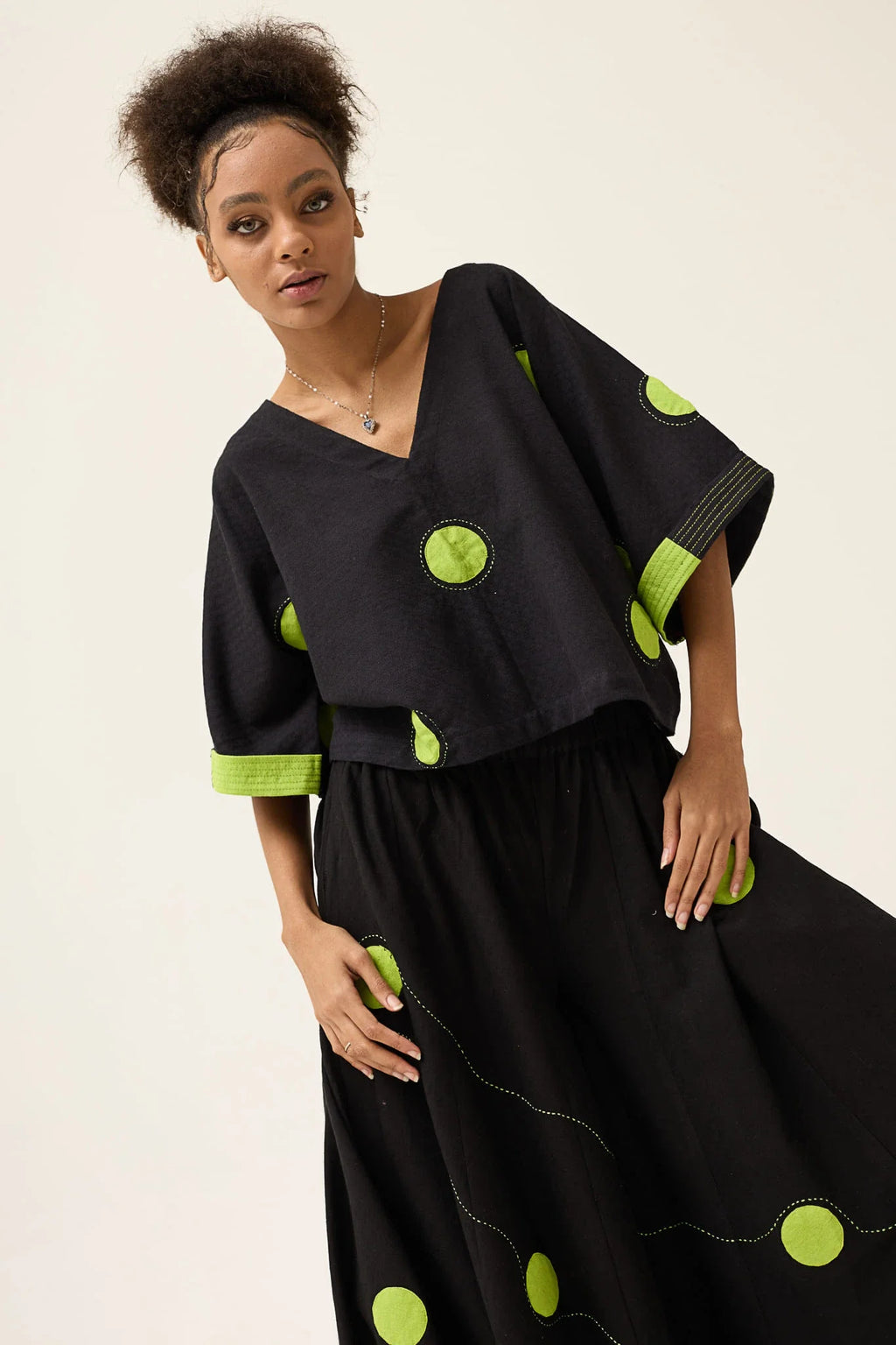 Green Polka Ringa Set in handwoven Dobby Cotton by White Canvas - Image 5