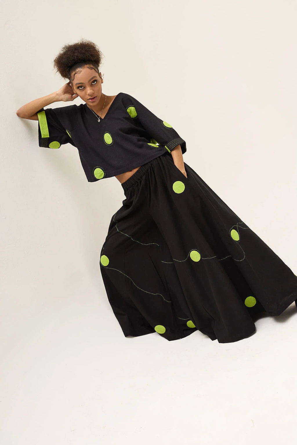 Green Polka Ringa Set in handwoven Dobby Cotton by White Canvas - Image 7