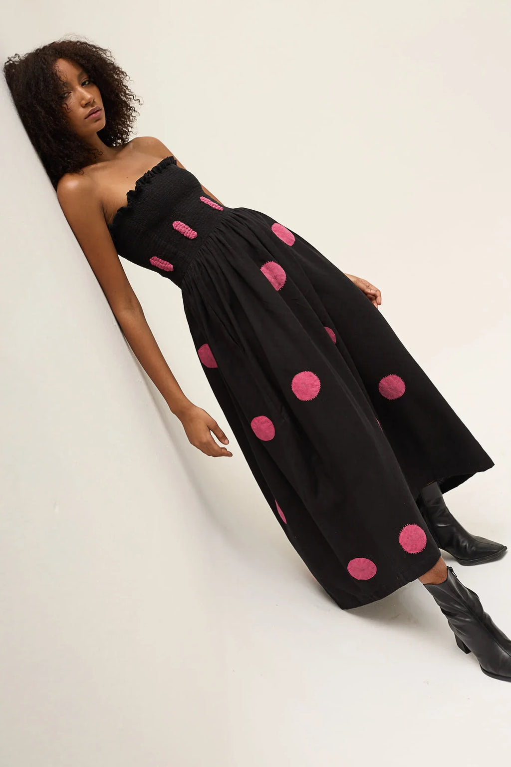 Pink Polka Twirl Dress in handwoven Dobby Cotton by White Canvas - Image 2