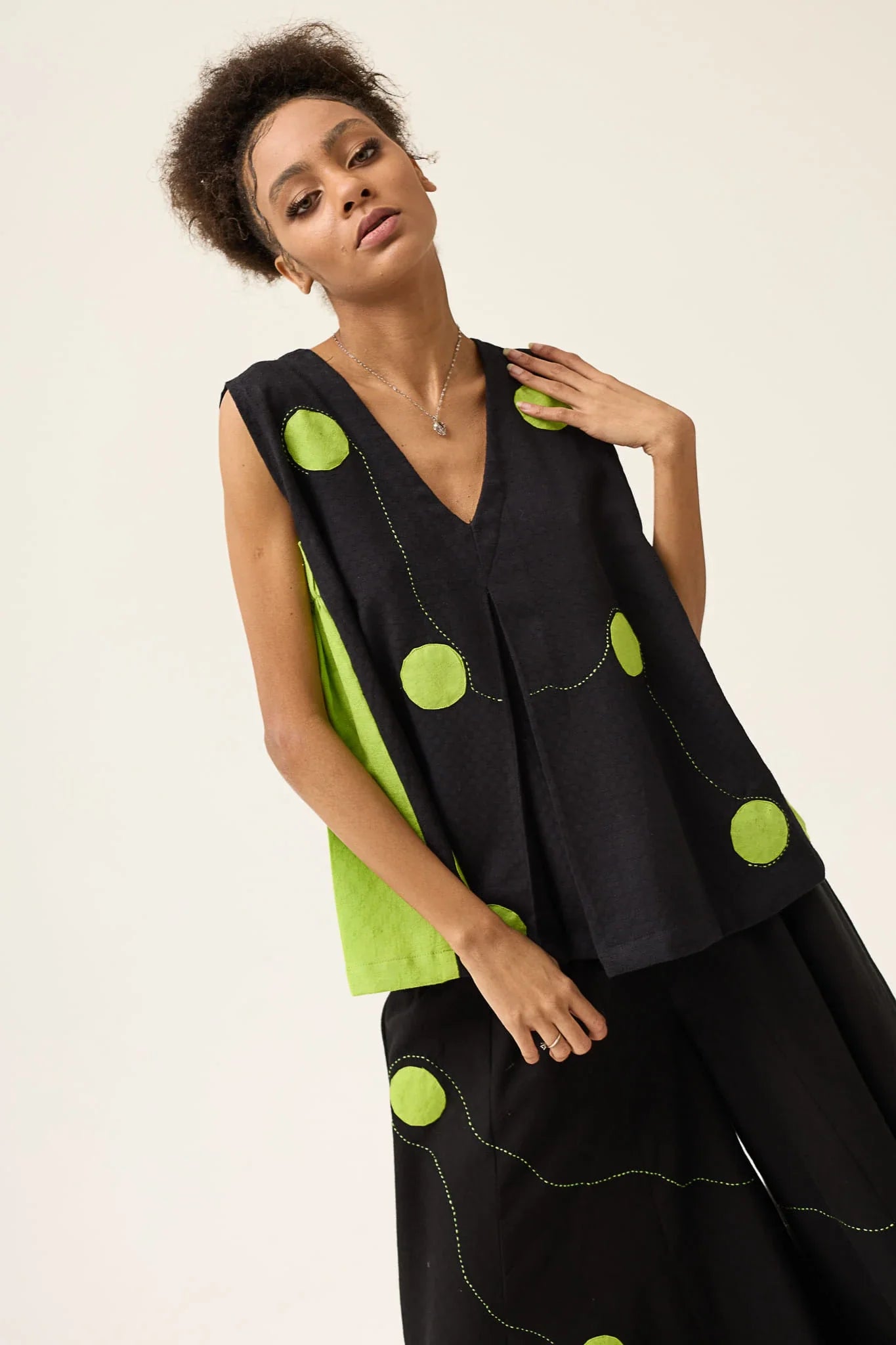 Green Polka Wisp Top in handwoven Dobby Cotton by White Canvas - Image 1