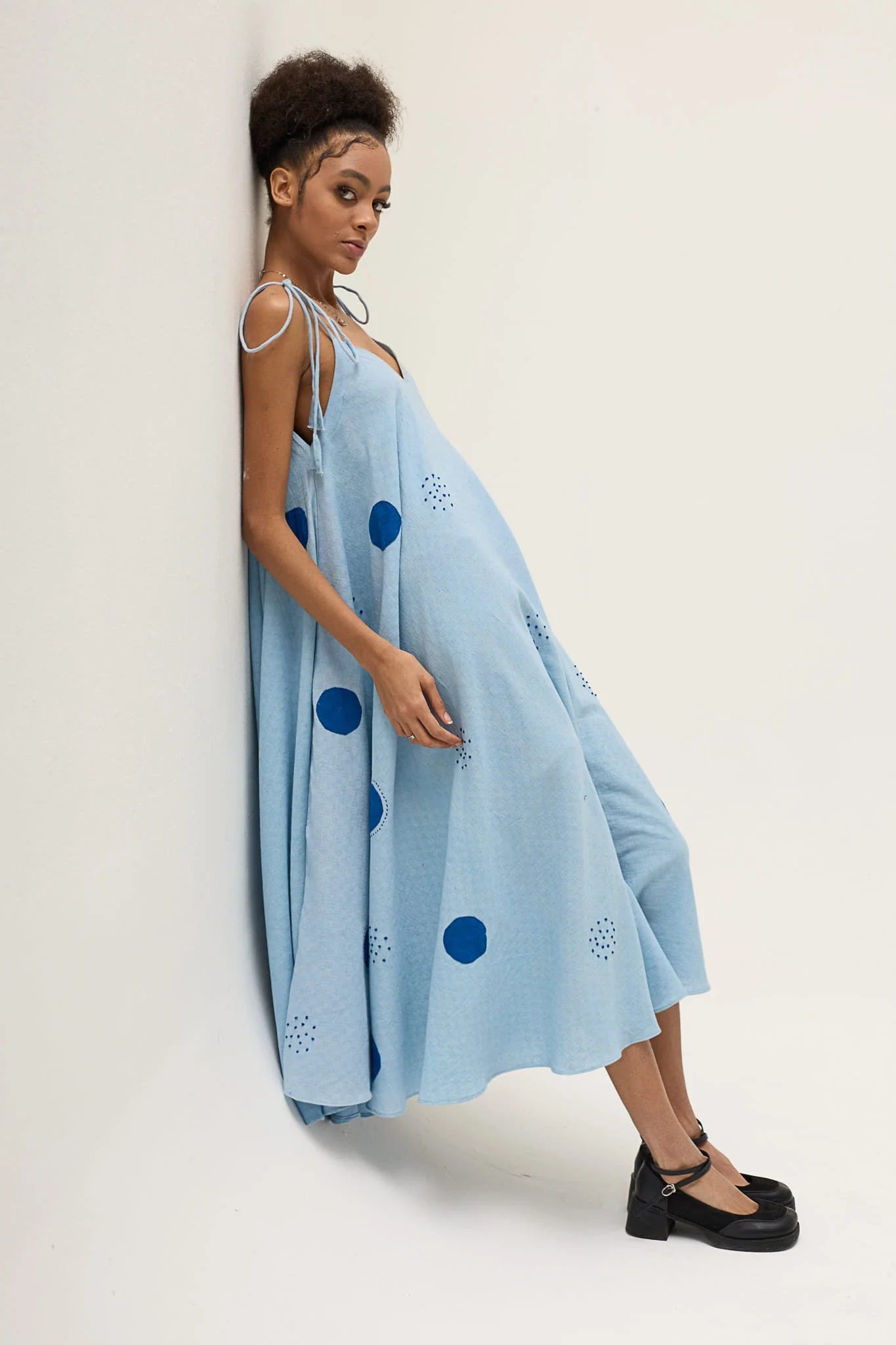 Blue Whirl Polka Dress in handwoven Dobby Cotton by White Canvas - Image 2