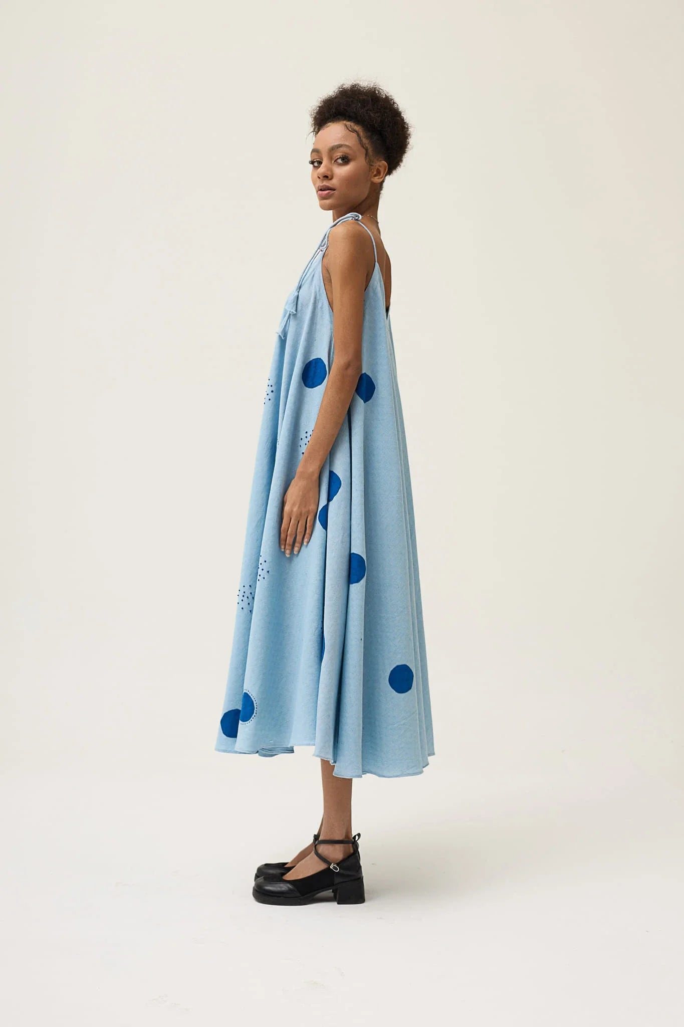 Blue Whirl Polka Dress in handwoven Dobby Cotton by White Canvas - Image 3
