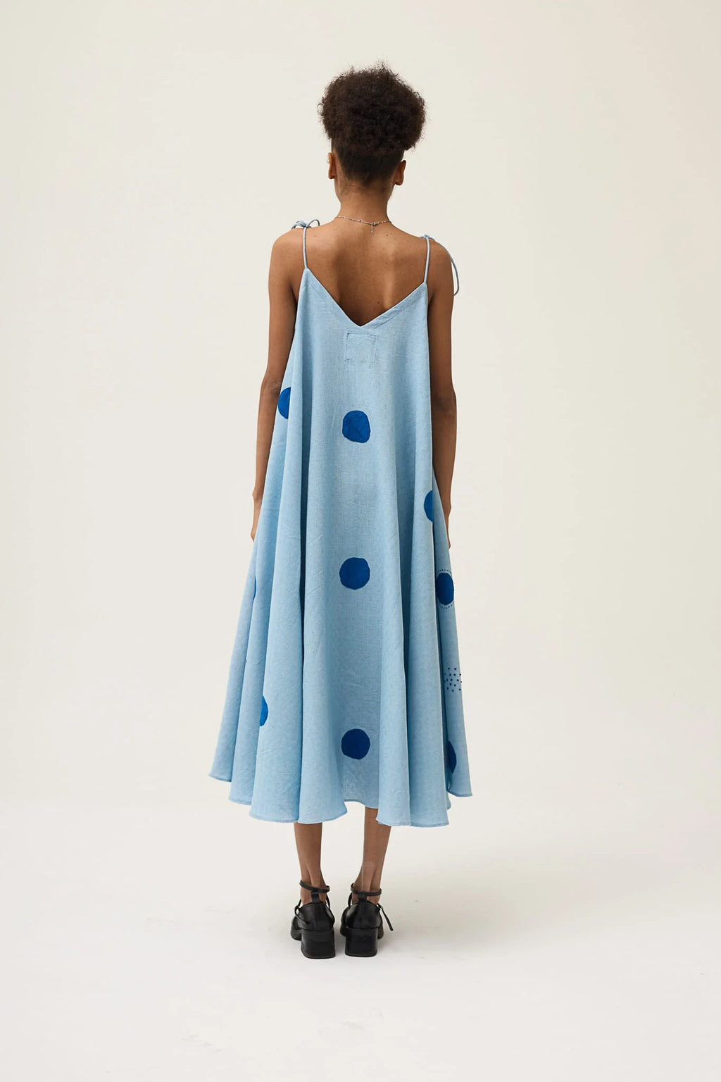 Blue Whirl Polka Dress in handwoven Dobby Cotton by White Canvas - Image 4