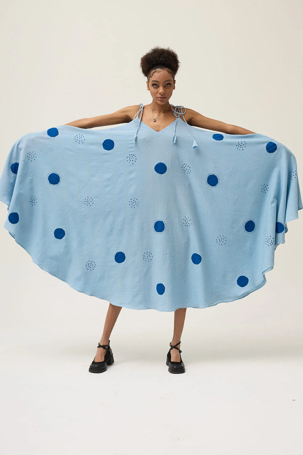 Blue Whirl Polka Dress in handwoven Dobby Cotton by White Canvas - Image 5
