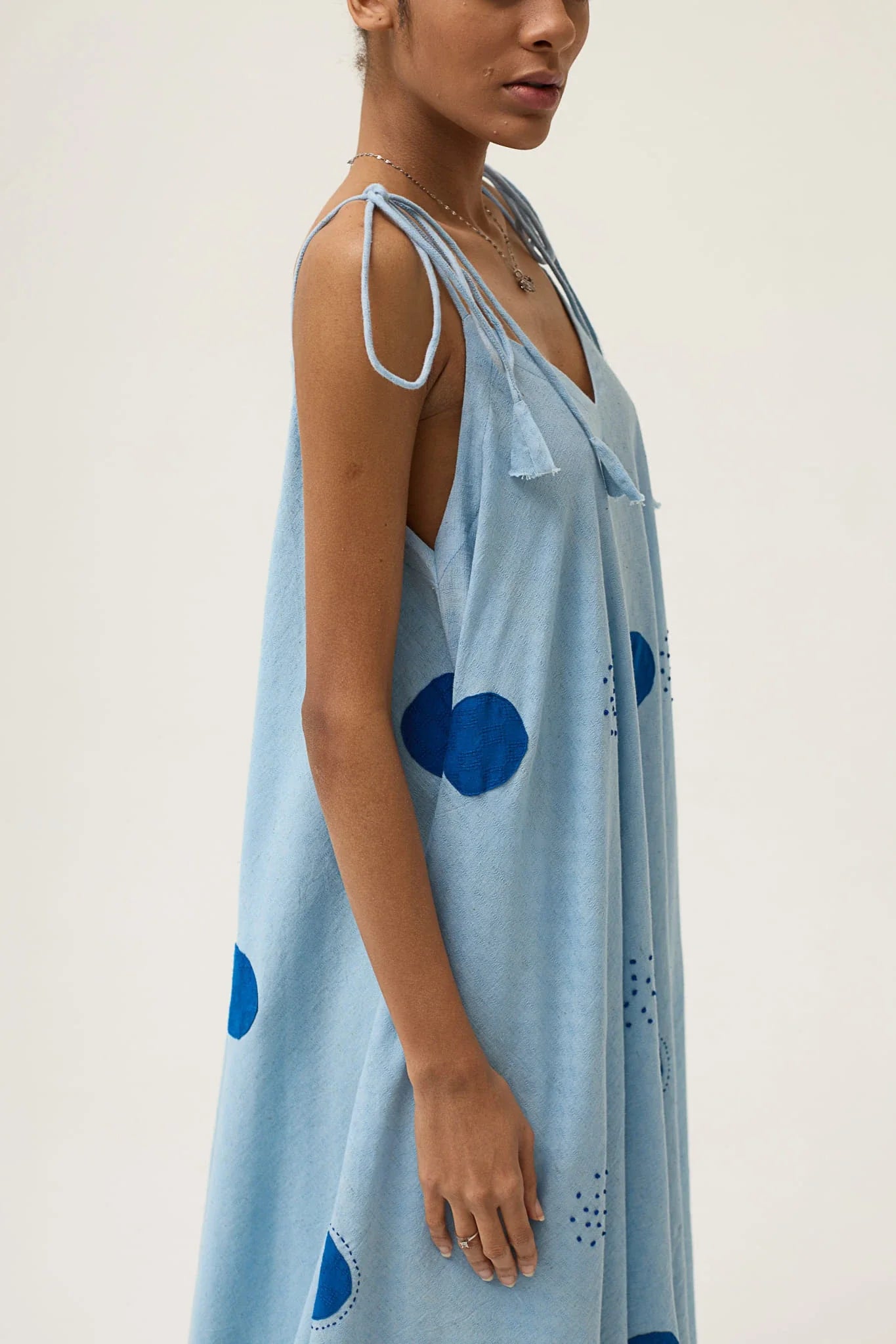 Blue Whirl Polka Dress in handwoven Dobby Cotton by White Canvas - Image 6