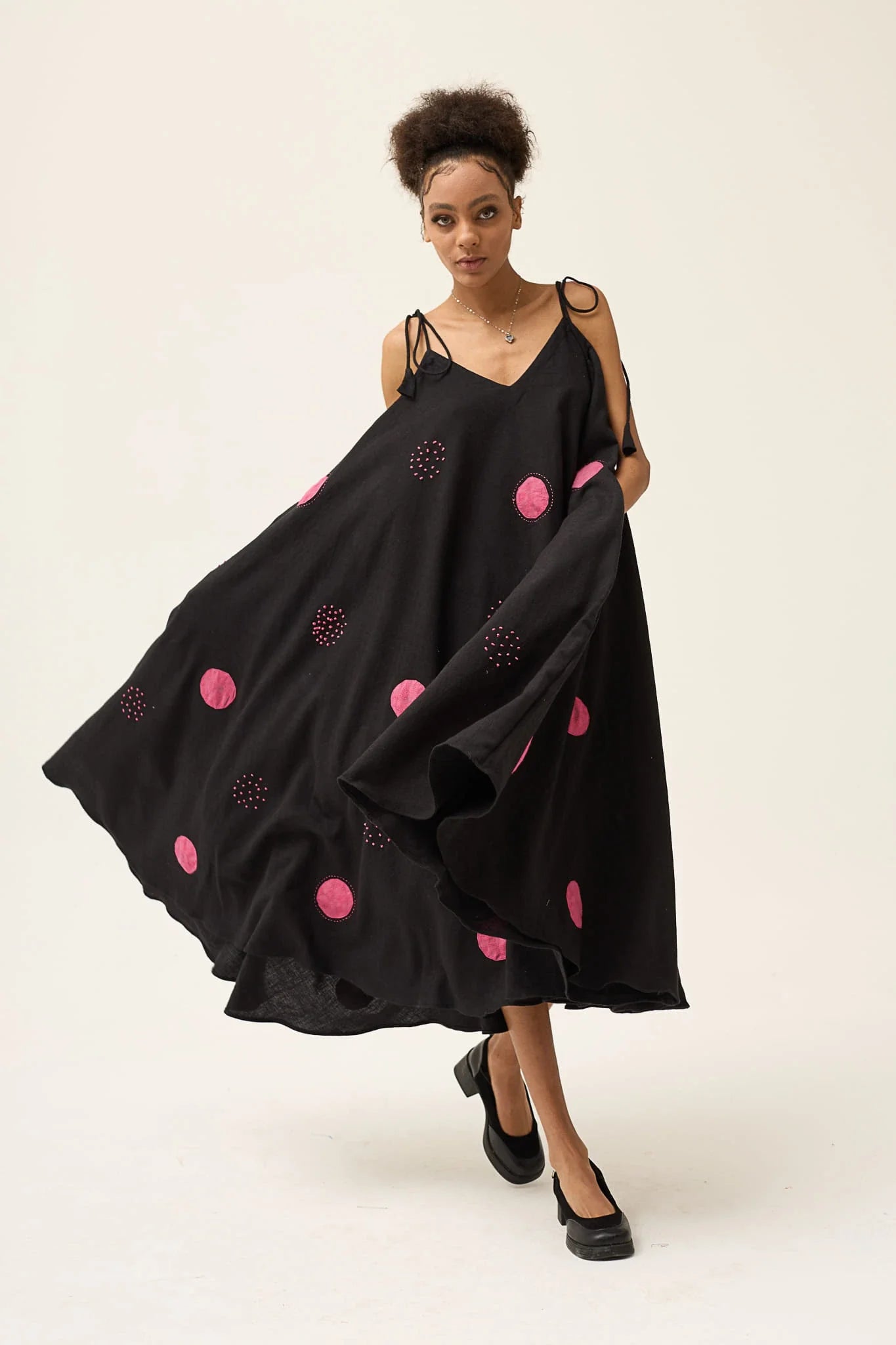 Pink Whirl Polka Dress in handwoven Dobby Cotton by White Canvas - Image 2