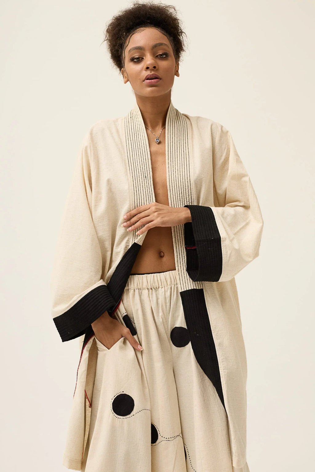 Cream Whirl Polka Jacket in handwoven Dobby Cotton by White Canvas - Image 5