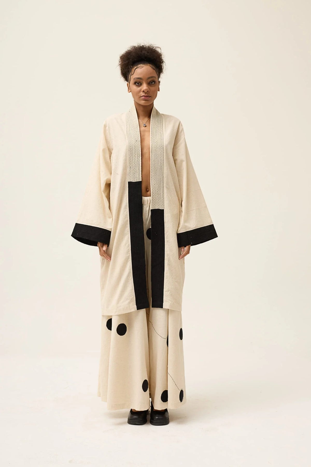 Cream Whirl Polka Set in handwoven Dobby Cotton by White Canvas - Image 2