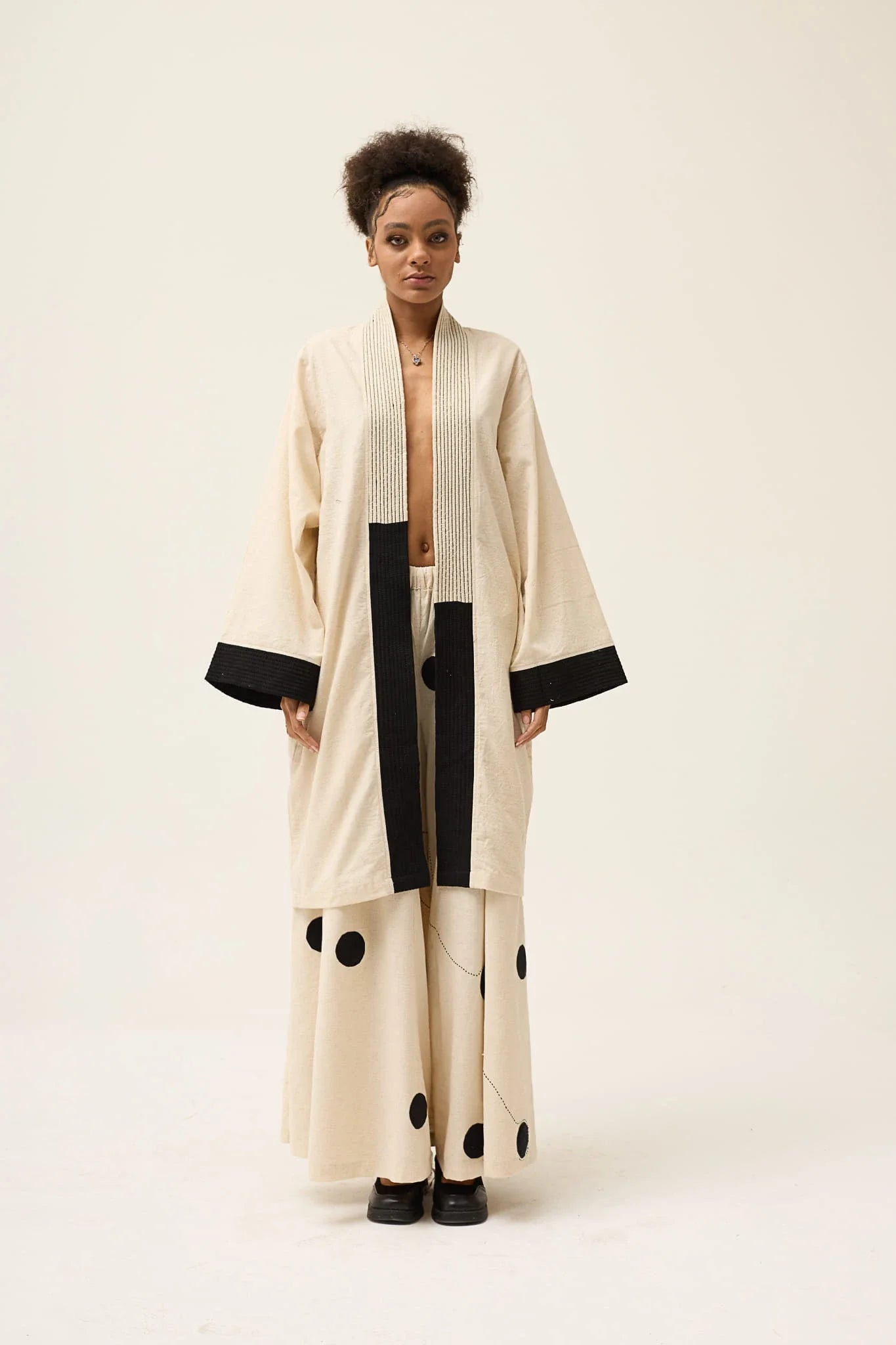 Cream Whirl Polka Set in handwoven Dobby Cotton by White Canvas - Image 2