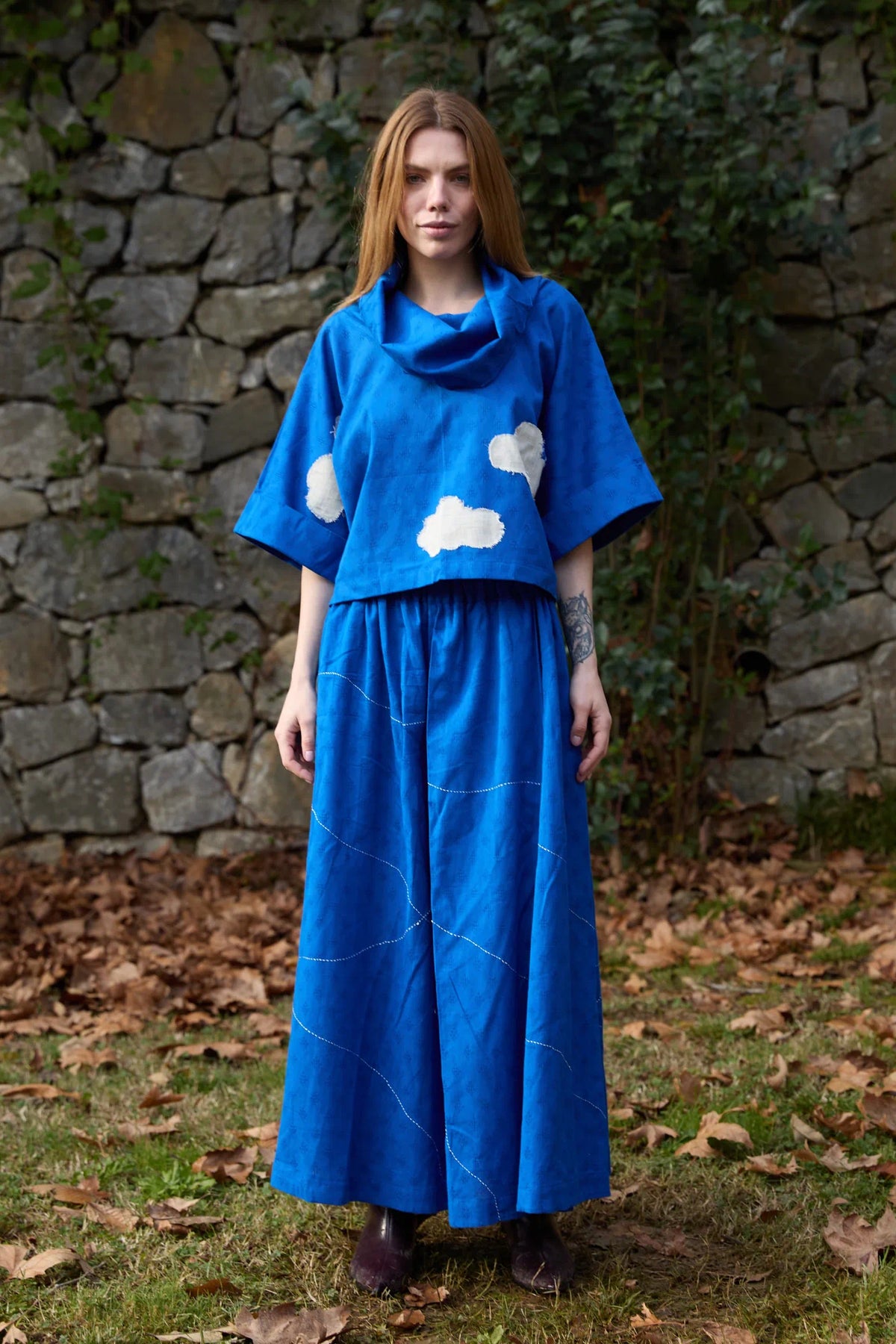 White Canvas Cloud Butter Set in blue handwoven dobby cotton with applique work and Kantha stitching, front view on model