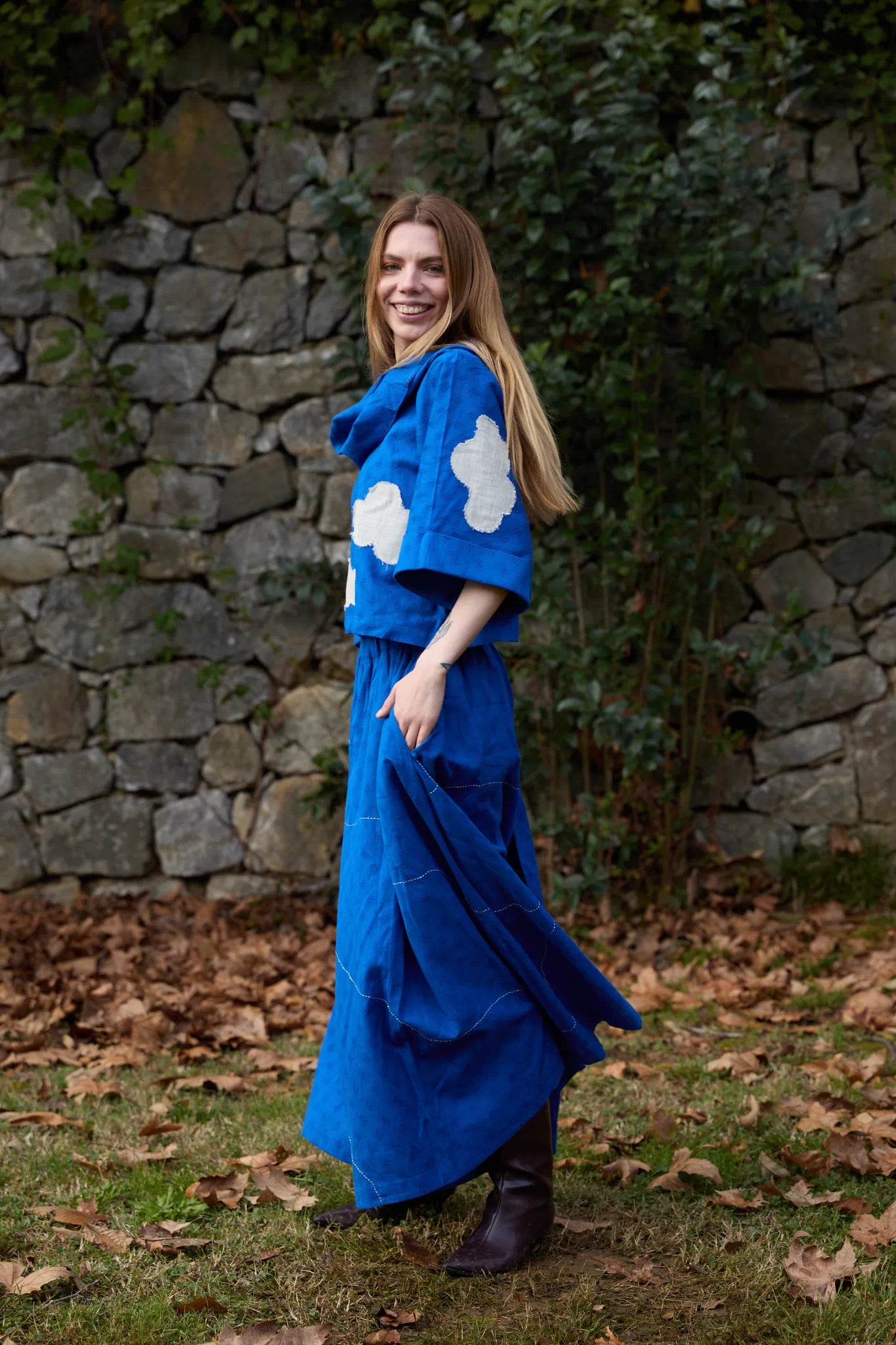 White Canvas Cloud Butter Top in blue handwoven dobby cotton with applique work, full-length styled view