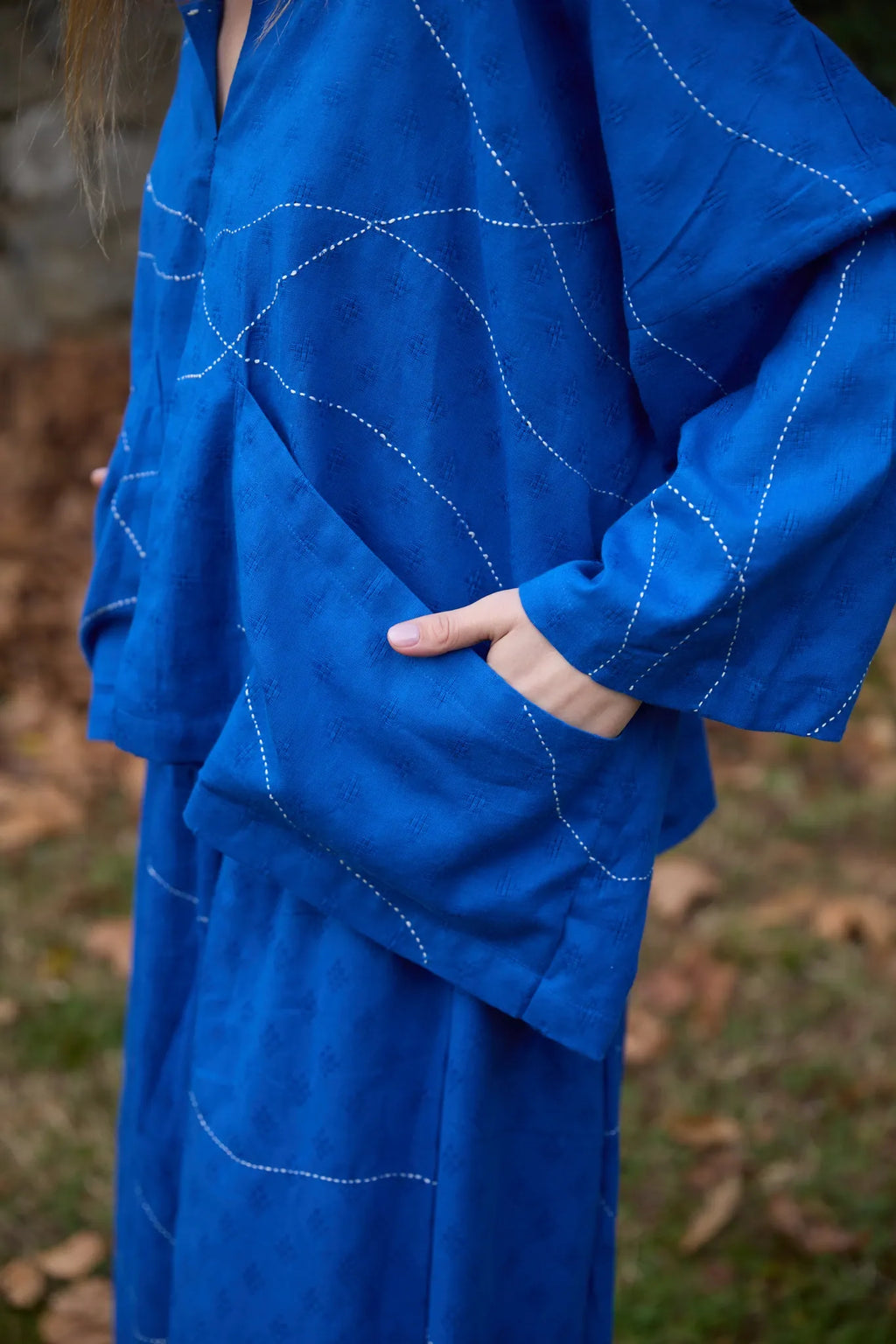 White Canvas Cloud Dahlia Set in blue handwoven dobby cotton with Kantha stitching, full-length styled view