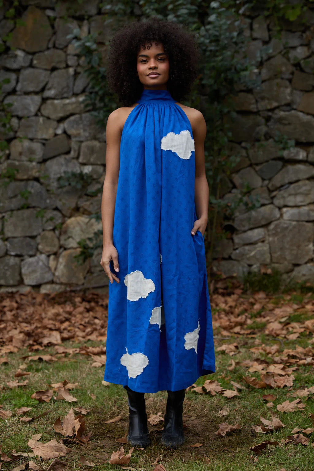 White Canvas Cloud Flintstone Dress in blue handwoven dobby cotton with applique work, front view on model