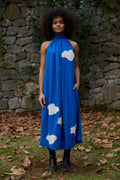 White Canvas Cloud Flintstone Dress in blue handwoven dobby cotton with applique work, front view on model