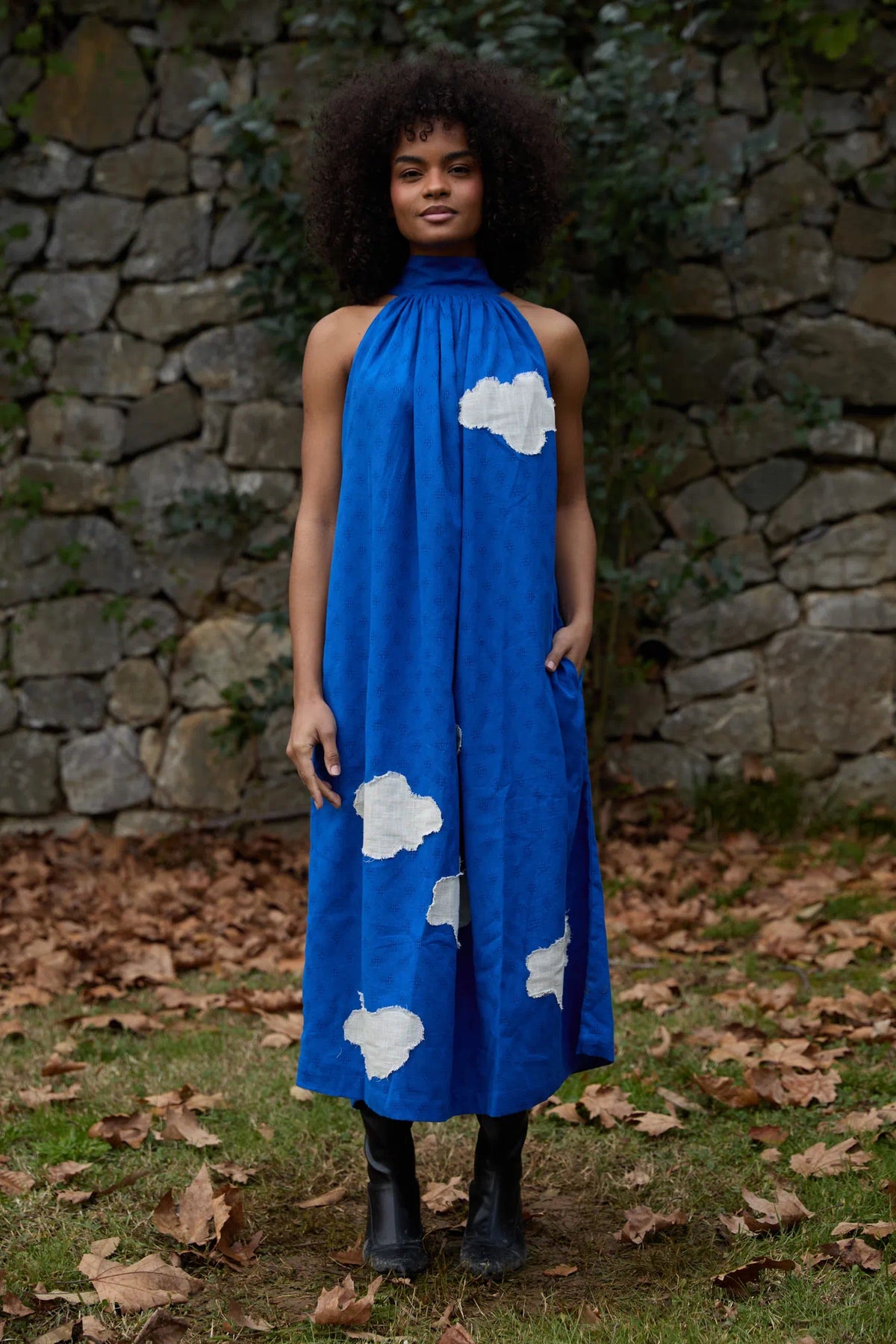 White Canvas Cloud Flintstone Dress in blue handwoven dobby cotton with applique work, front view on model