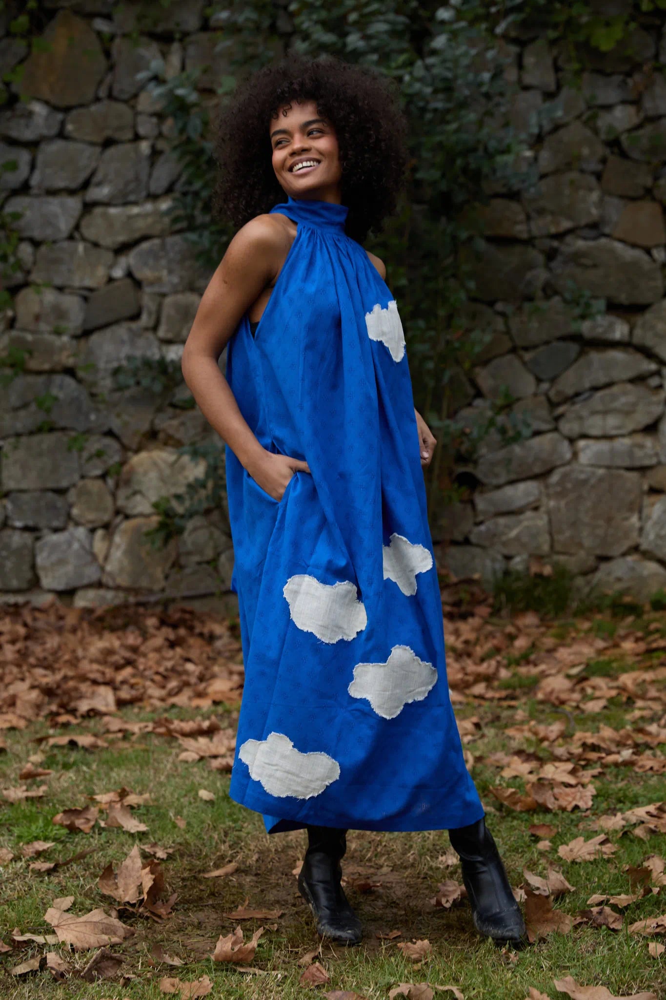 White Canvas Cloud Flintstone Dress in blue handwoven dobby cotton with applique work, back view on model