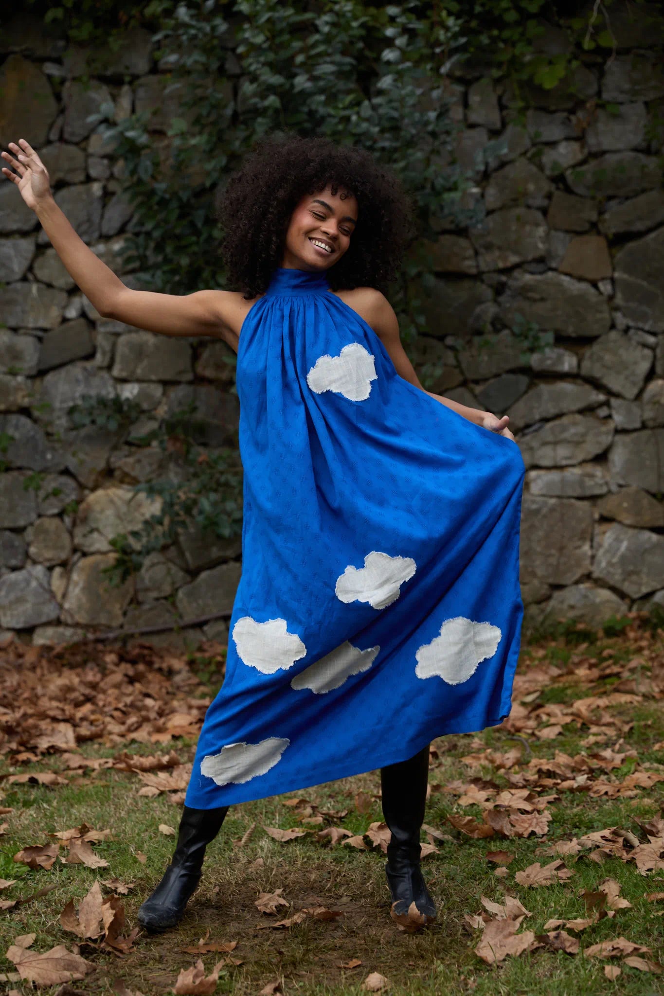 White Canvas Cloud Flintstone Dress in blue handwoven dobby cotton with applique work, close-up product view