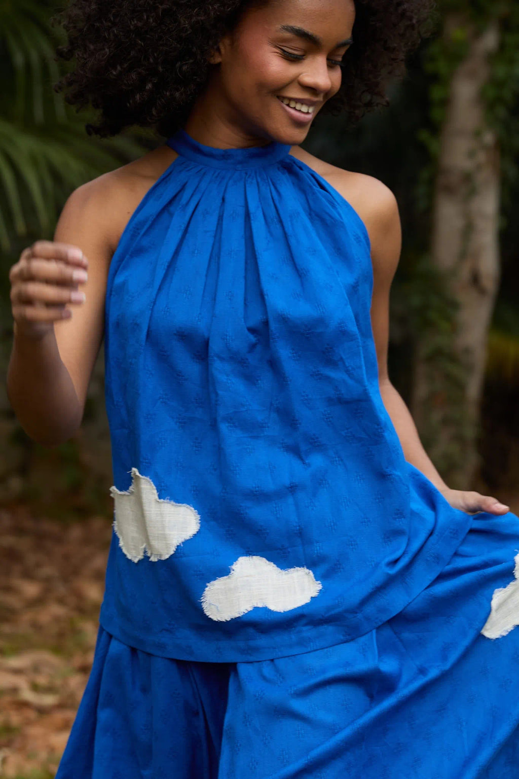 White Canvas Cloud Flintstone Set in blue handwoven dobby cotton with applique work, full-length styled view