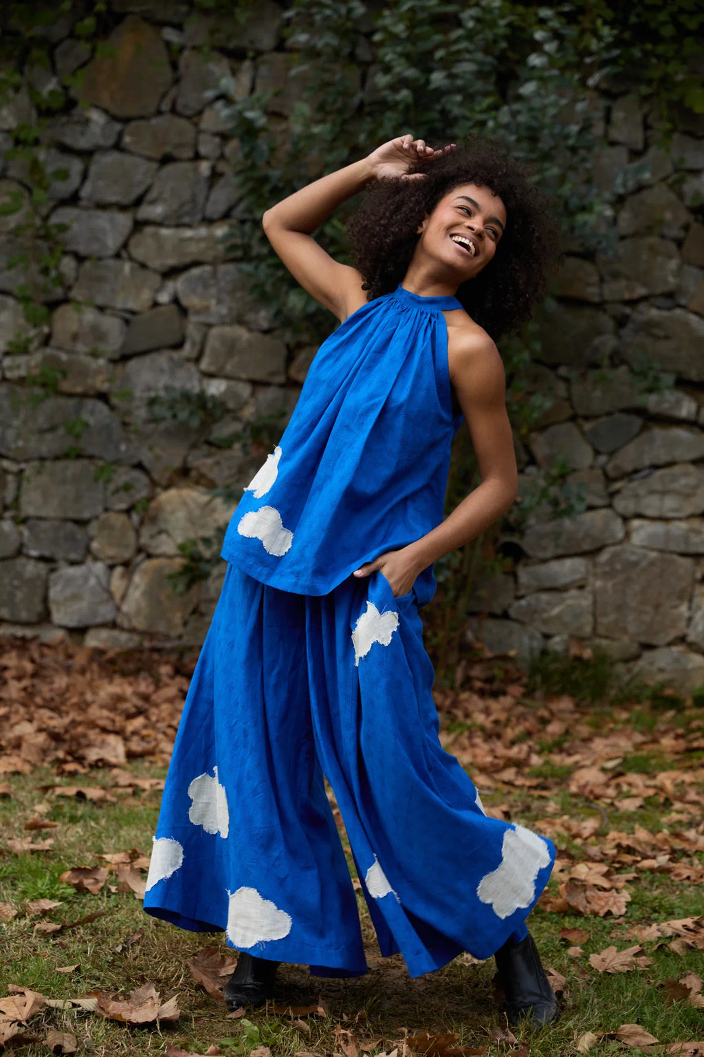 White Canvas Cloud Flintstone Set in blue handwoven dobby cotton with applique work, alternate styled view