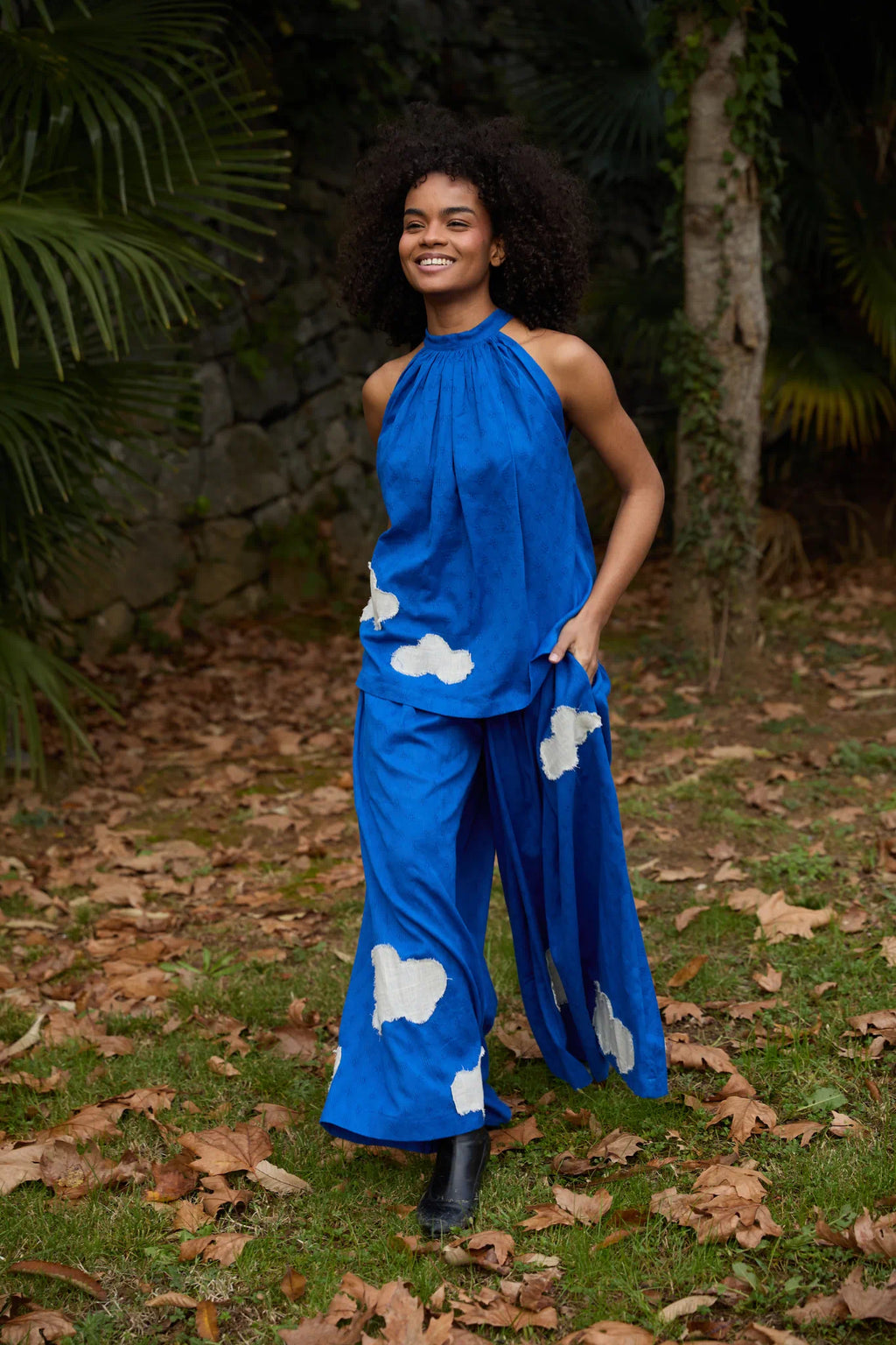 White Canvas Cloud Flintstone Set in blue handwoven dobby cotton with applique work, close-up product view
