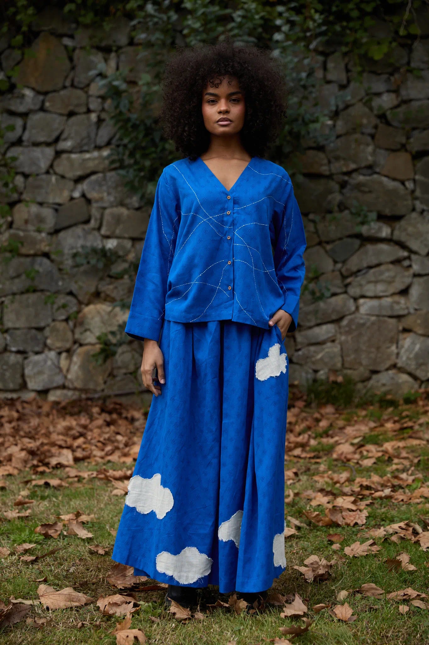White Canvas Cloud Glimpse Set in blue handwoven dobby cotton with applique work and Kantha stitching, front view on model