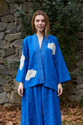 White Canvas Cloud Indore Jacket in blue handwoven dobby cotton with applique work, front view on model