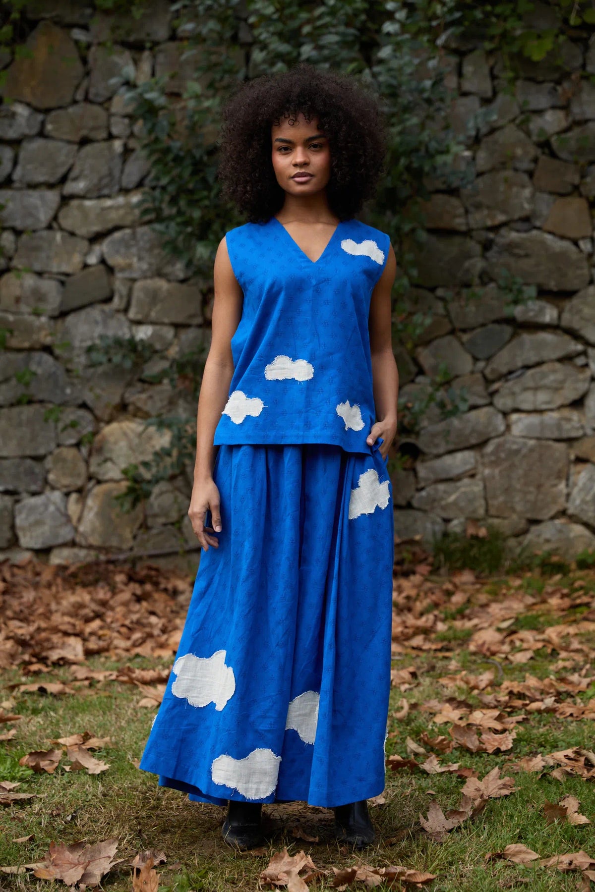 White Canvas Cloud Jerry Set in blue handwoven dobby cotton with applique work, front view on model