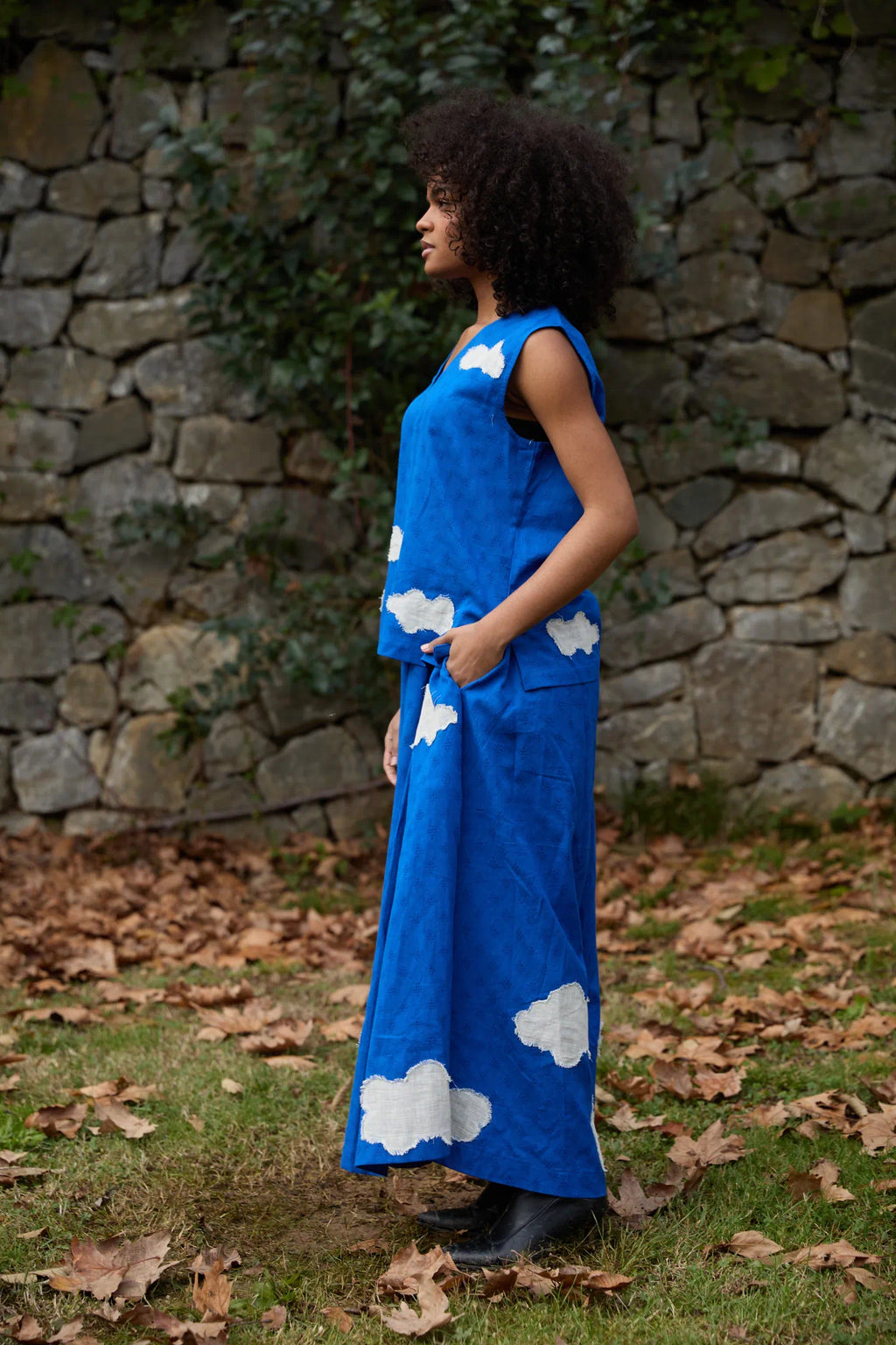 White Canvas Cloud Jerry Set in blue handwoven dobby cotton with applique work, side view on model
