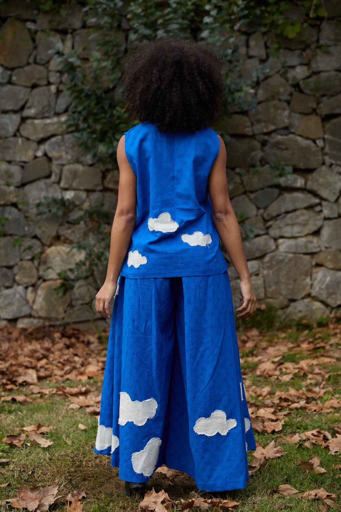 White Canvas Cloud Jerry Set in blue handwoven dobby cotton with applique work, back view on model