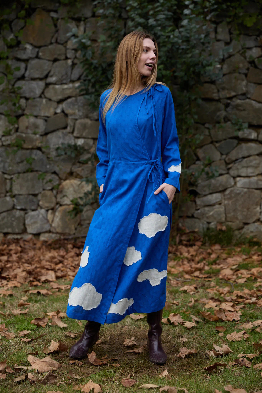 White Canvas Cloud Metis Dress in blue handwoven dobby cotton with applique work, additional modeled view