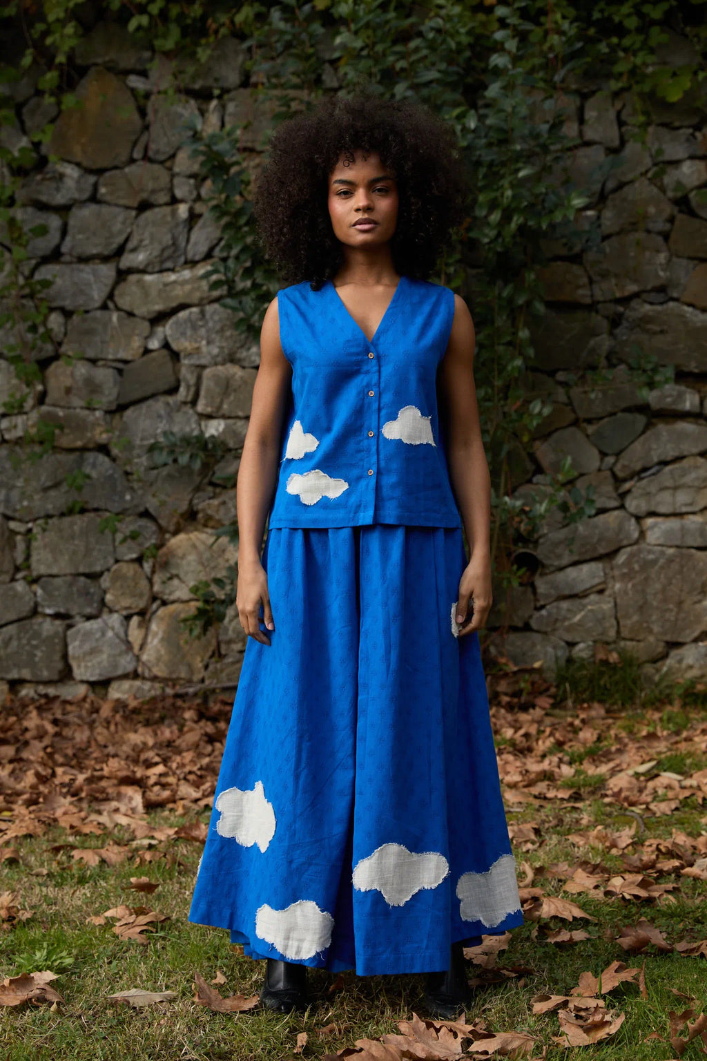 White Canvas Cloud Marti Set in blue handwoven dobby cotton with applique work, front view on model